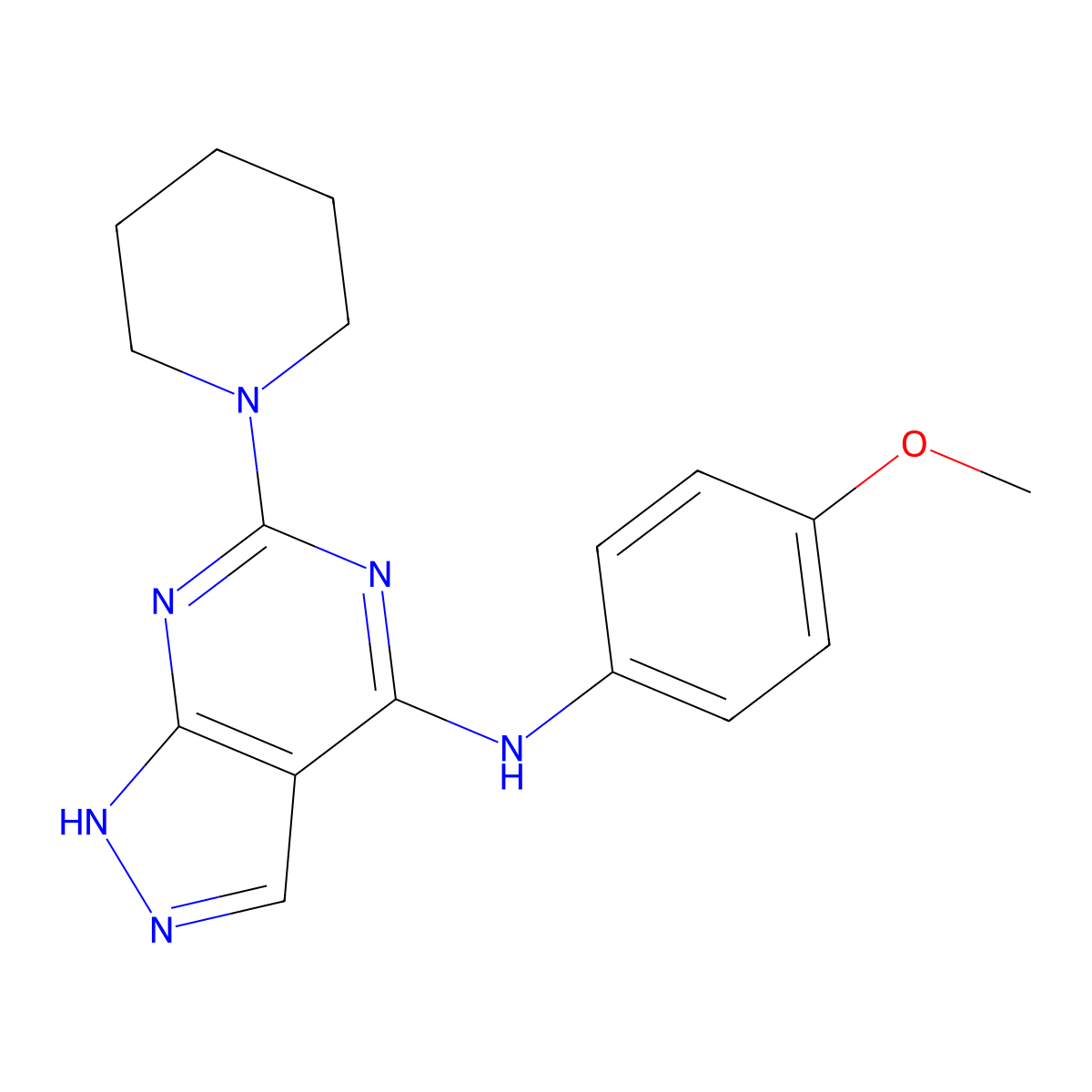 N-(4-methoxyphenyl)-6-(piperidin-1-yl)-1H-pyrazolo[3,4-d]pyrimidin-4-amine molecular structure, CAS 1105205-15-9