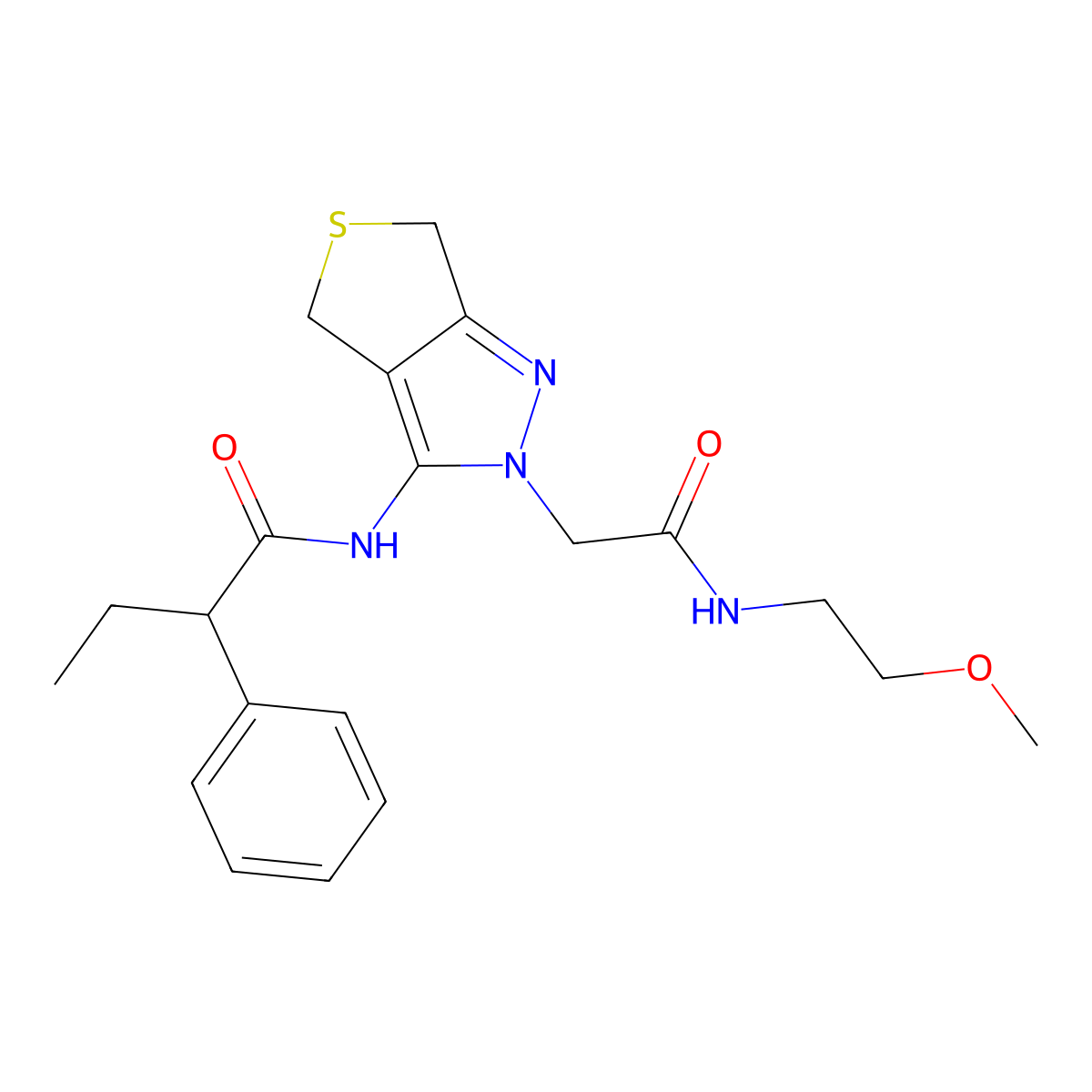 N-(2-(2-((2-methoxyethyl)amino)-2-oxoethyl)-4,6-dihydro-2H-thieno[3,4-c]pyrazol-3-yl)-2-phenylbutanamide molecular structure, CAS 1105205-16-0