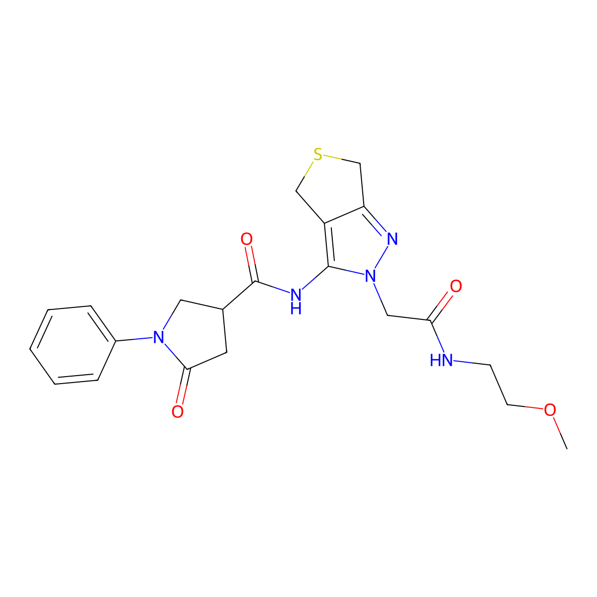 N-(2-(2-((2-methoxyethyl)amino)-2-oxoethyl)-4,6-dihydro-2H-thieno[3,4-c]pyrazol-3-yl)-5-oxo-1-phenylpyrrolidine-3-carboxamide molecular structure, CAS 1105205-22-8