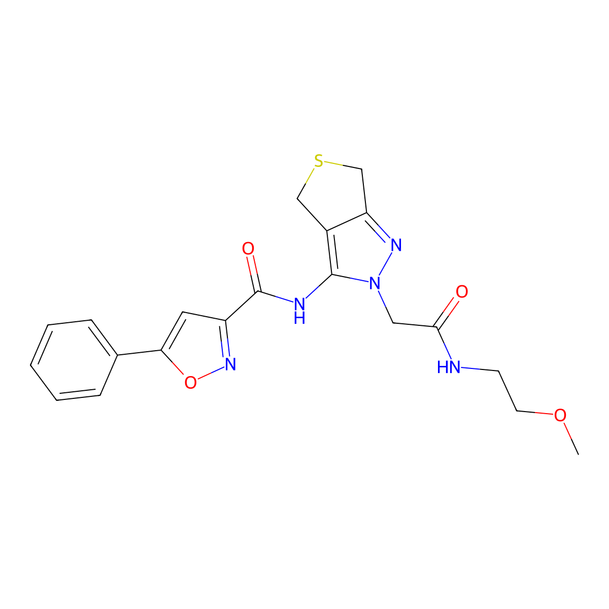 N-(2-(2-((2-methoxyethyl)amino)-2-oxoethyl)-4,6-dihydro-2H-thieno[3,4-c]pyrazol-3-yl)-5-phenylisoxazole-3-carboxamide molecular structure, CAS 1105205-28-4