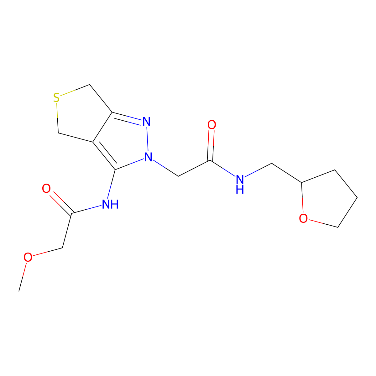 2-methoxy-N-(2-(2-oxo-2-(((tetrahydrofuran-2-yl)methyl)amino)ethyl)-4,6-dihydro-2H-thieno[3,4-c]pyrazol-3-yl)acetamide molecular structure, CAS 1105205-34-2