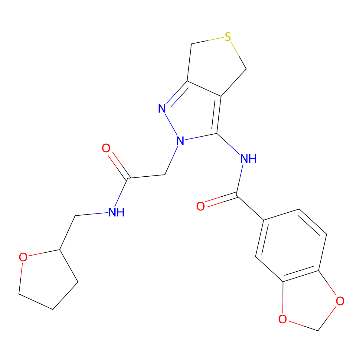 N-(2-(2-oxo-2-(((tetrahydrofuran-2-yl)methyl)amino)ethyl)-4,6-dihydro-2H-thieno[3,4-c]pyrazol-3-yl)benzo[d][1,3]dioxole-5-carboxamide molecular structure, CAS 1105205-39-7