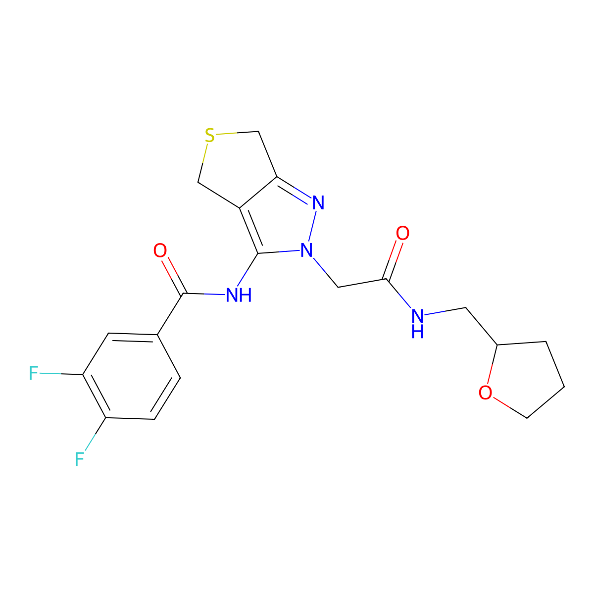 3,4-difluoro-N-(2-(2-oxo-2-(((tetrahydrofuran-2-yl)methyl)amino)ethyl)-4,6-dihydro-2H-thieno[3,4-c]pyrazol-3-yl)benzamide molecular structure, CAS 1105205-44-4