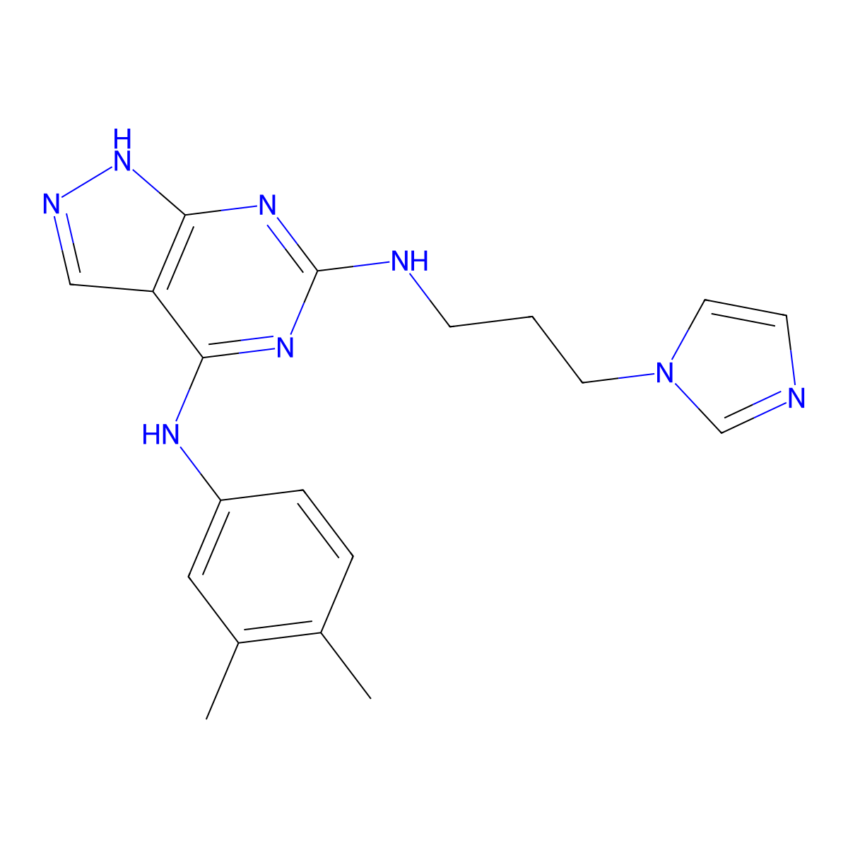 N6-(3-(1H-imidazol-1-yl)propyl)-N4-(3,4-dimethylphenyl)-1H-pyrazolo[3,4-d]pyrimidine-4,6-diamine molecular structure, CAS 1105205-49-9