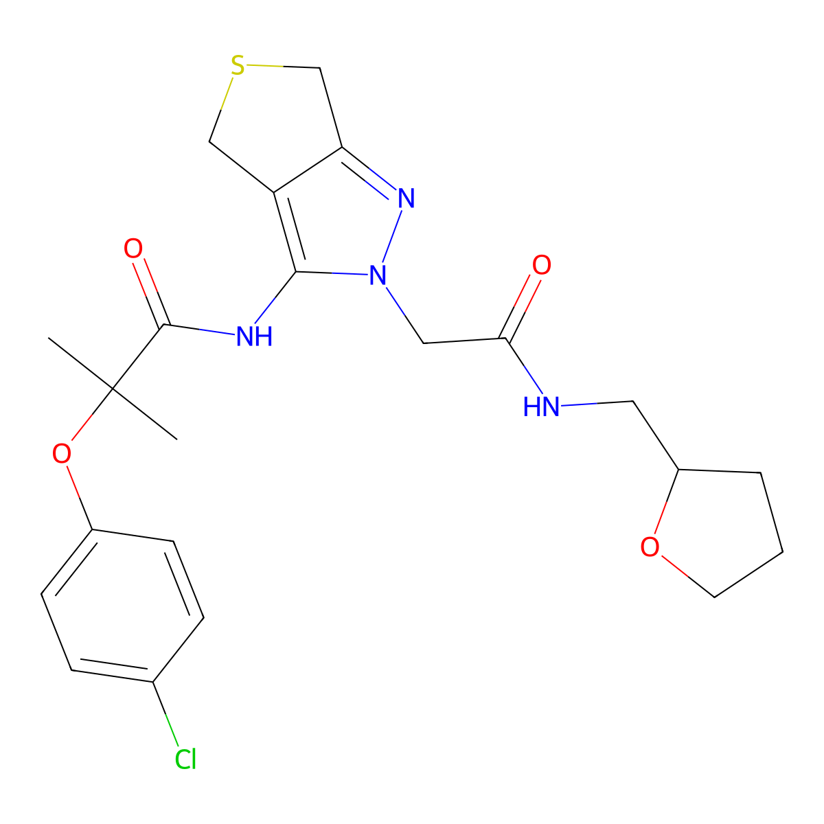 2-(4-chlorophenoxy)-2-methyl-N-(2-(2-oxo-2-(((tetrahydrofuran-2-yl)methyl)amino)ethyl)-4,6-dihydro-2H-thieno[3,4-c]pyrazol-3-yl)propanamide molecular structure, CAS 1105205-56-8