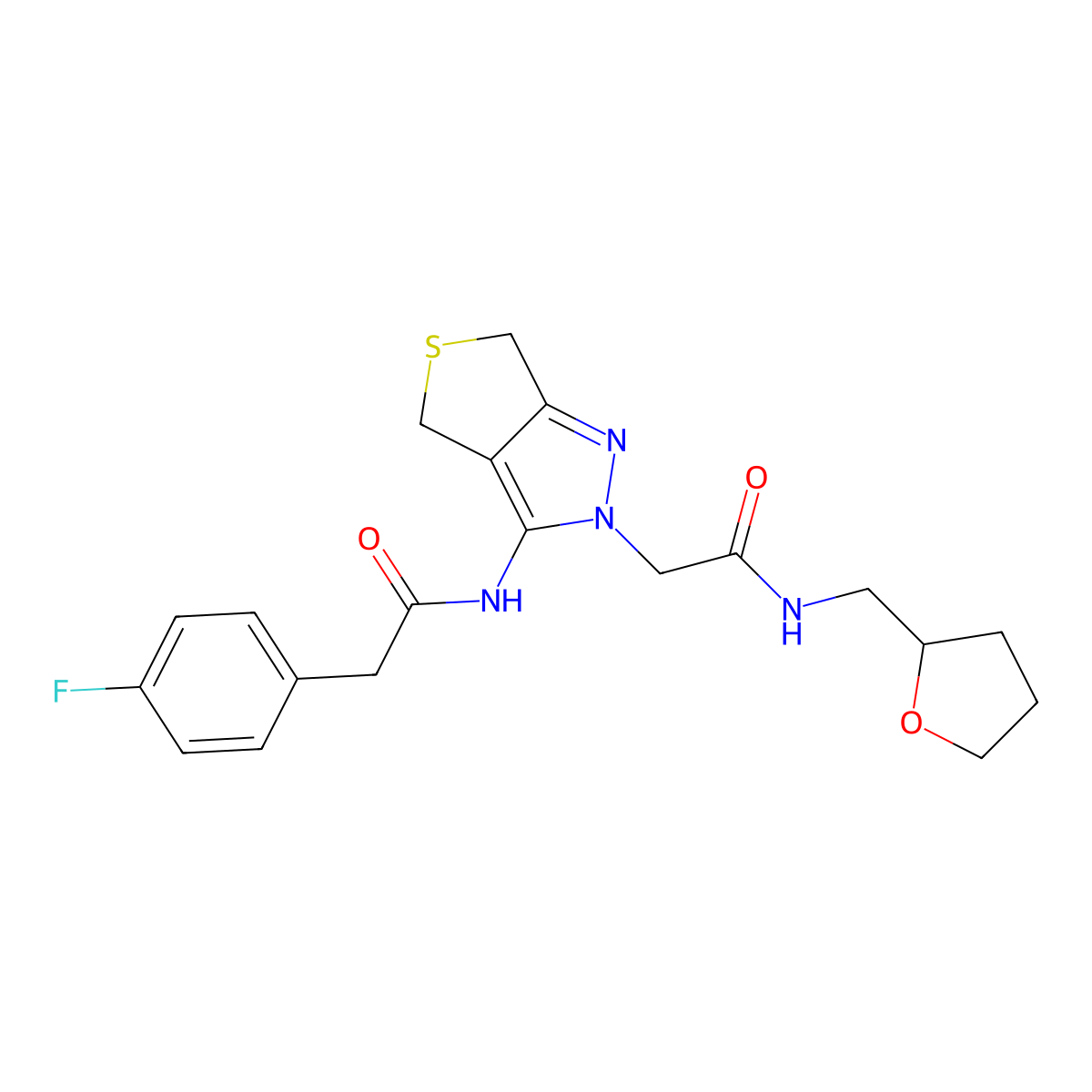2-(4-fluorophenyl)-N-(2-(2-oxo-2-(((tetrahydrofuran-2-yl)methyl)amino)ethyl)-4,6-dihydro-2H-thieno[3,4-c]pyrazol-3-yl)acetamide molecular structure, CAS 1105205-62-6