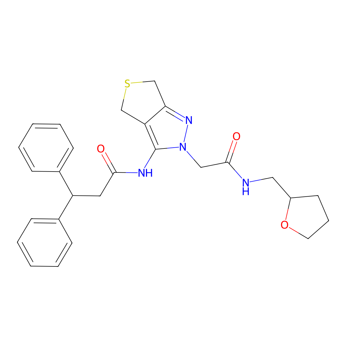 N-(2-(2-oxo-2-(((tetrahydrofuran-2-yl)methyl)amino)ethyl)-4,6-dihydro-2H-thieno[3,4-c]pyrazol-3-yl)-3,3-diphenylpropanamide molecular structure, CAS 1105205-68-2