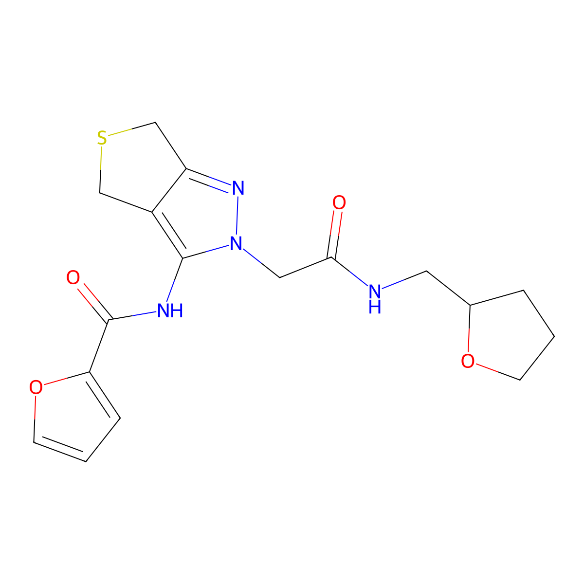 N-(2-(2-oxo-2-(((tetrahydrofuran-2-yl)methyl)amino)ethyl)-4,6-dihydro-2H-thieno[3,4-c]pyrazol-3-yl)furan-2-carboxamide molecular structure, CAS 1105205-74-0