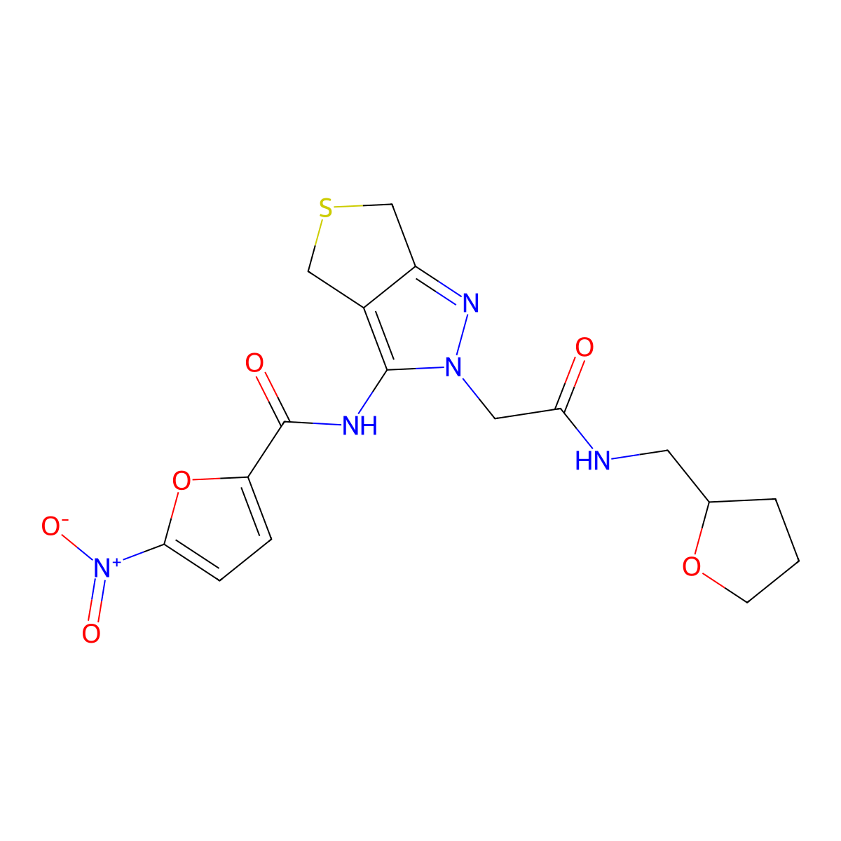 5-nitro-N-(2-(2-oxo-2-(((tetrahydrofuran-2-yl)methyl)amino)ethyl)-4,6-dihydro-2H-thieno[3,4-c]pyrazol-3-yl)furan-2-carboxamide molecular structure, CAS 1105205-86-4