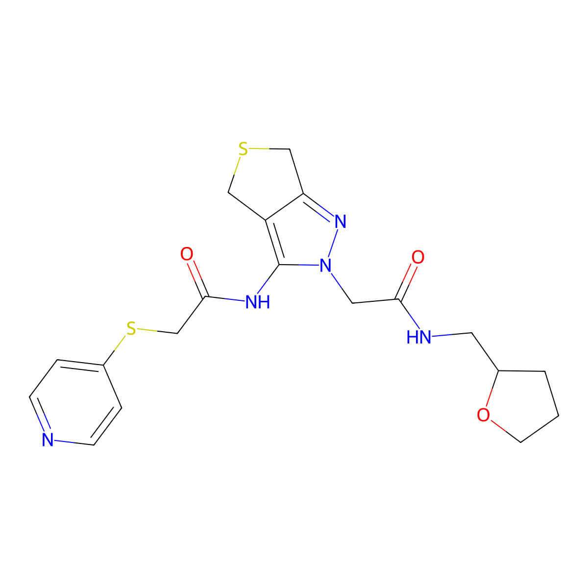 N-(2-(2-oxo-2-(((tetrahydrofuran-2-yl)methyl)amino)ethyl)-4,6-dihydro-2H-thieno[3,4-c]pyrazol-3-yl)-2-(pyridin-4-ylthio)acetamide molecular structure, CAS 1105205-92-2