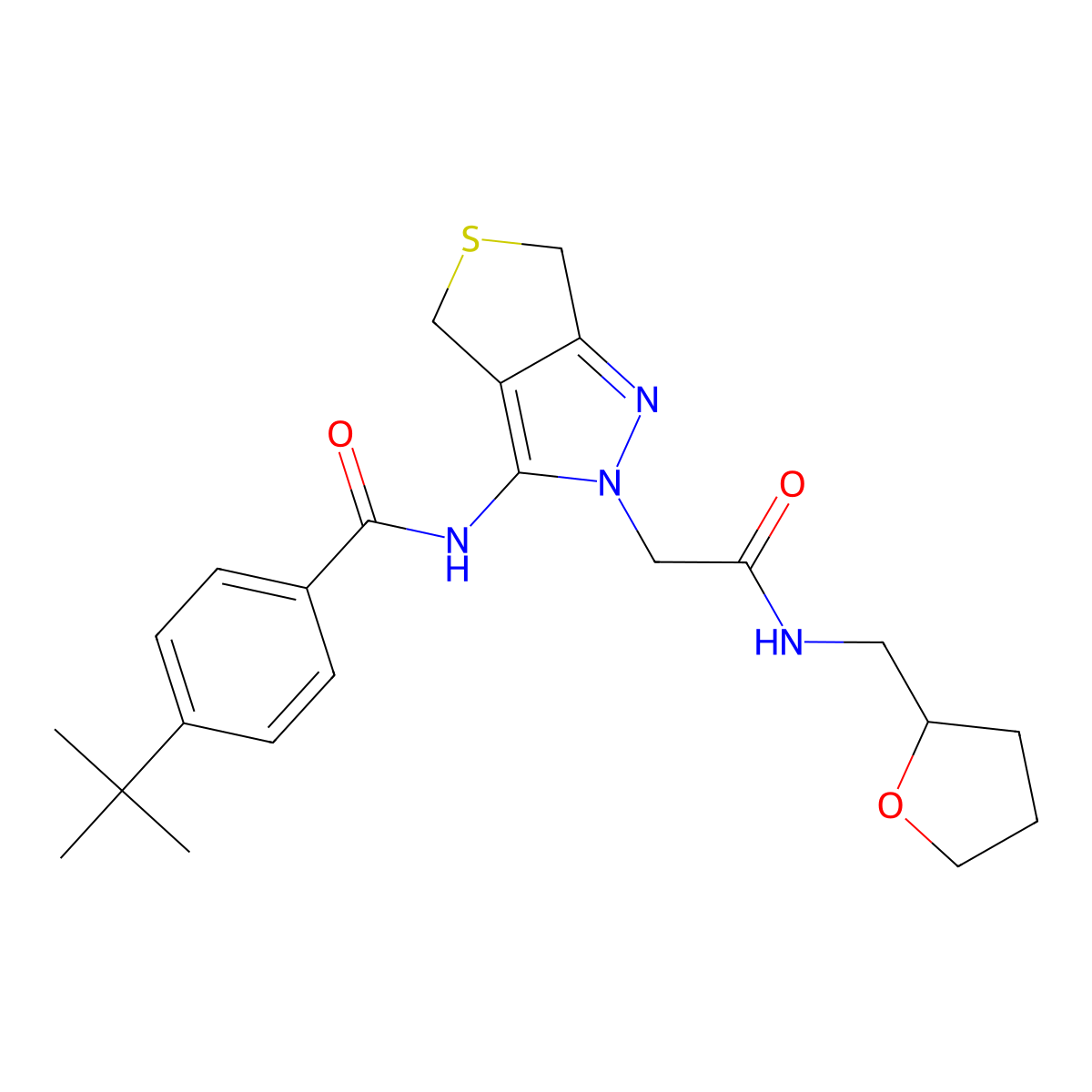 4-(tert-butyl)-N-(2-(2-oxo-2-(((tetrahydrofuran-2-yl)methyl)amino)ethyl)-4,6-dihydro-2H-thieno[3,4-c]pyrazol-3-yl)benzamide molecular structure, CAS 1105205-98-8