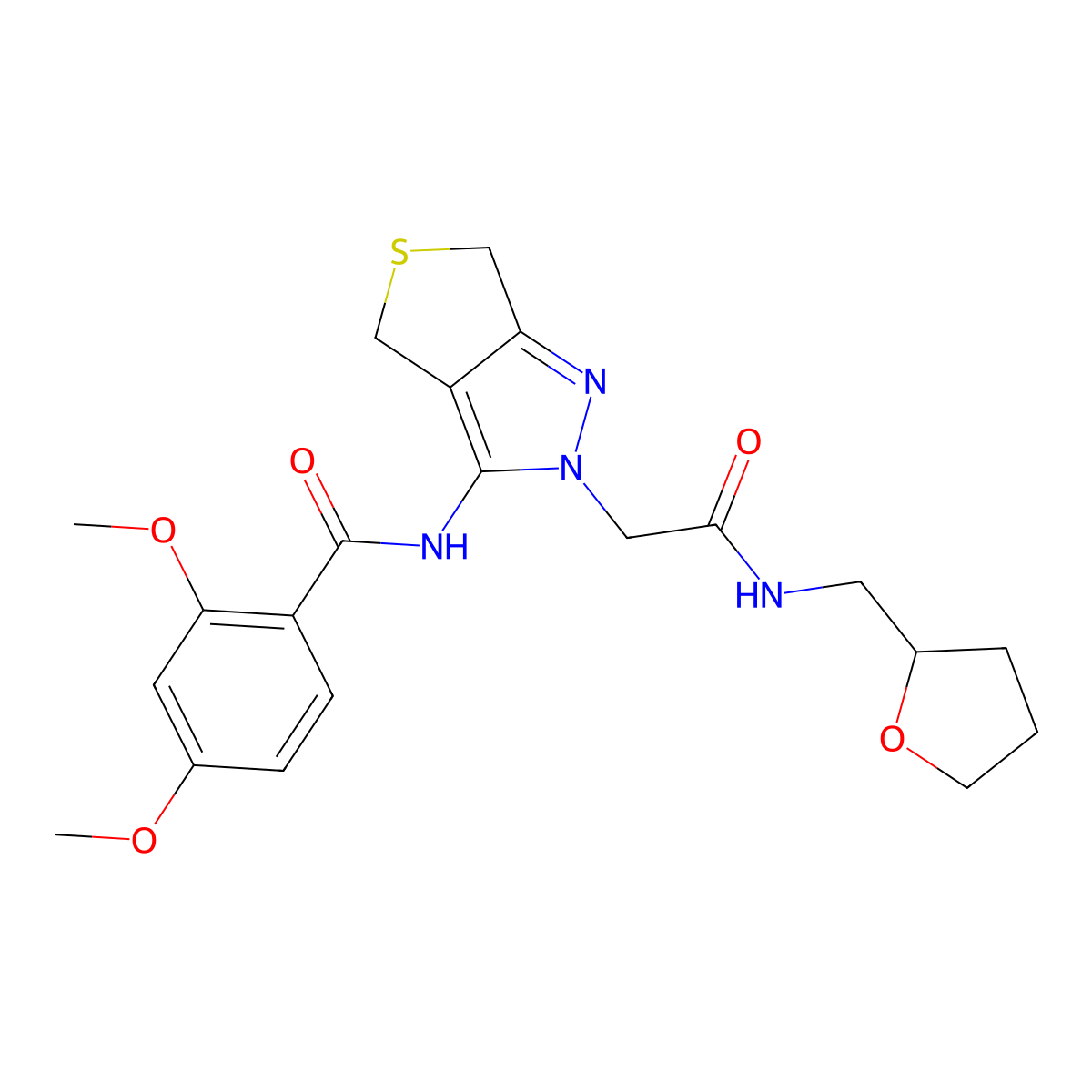 2,4-dimethoxy-N-(2-(2-oxo-2-(((tetrahydrofuran-2-yl)methyl)amino)ethyl)-4,6-dihydro-2H-thieno[3,4-c]pyrazol-3-yl)benzamide molecular structure, CAS 1105206-04-9