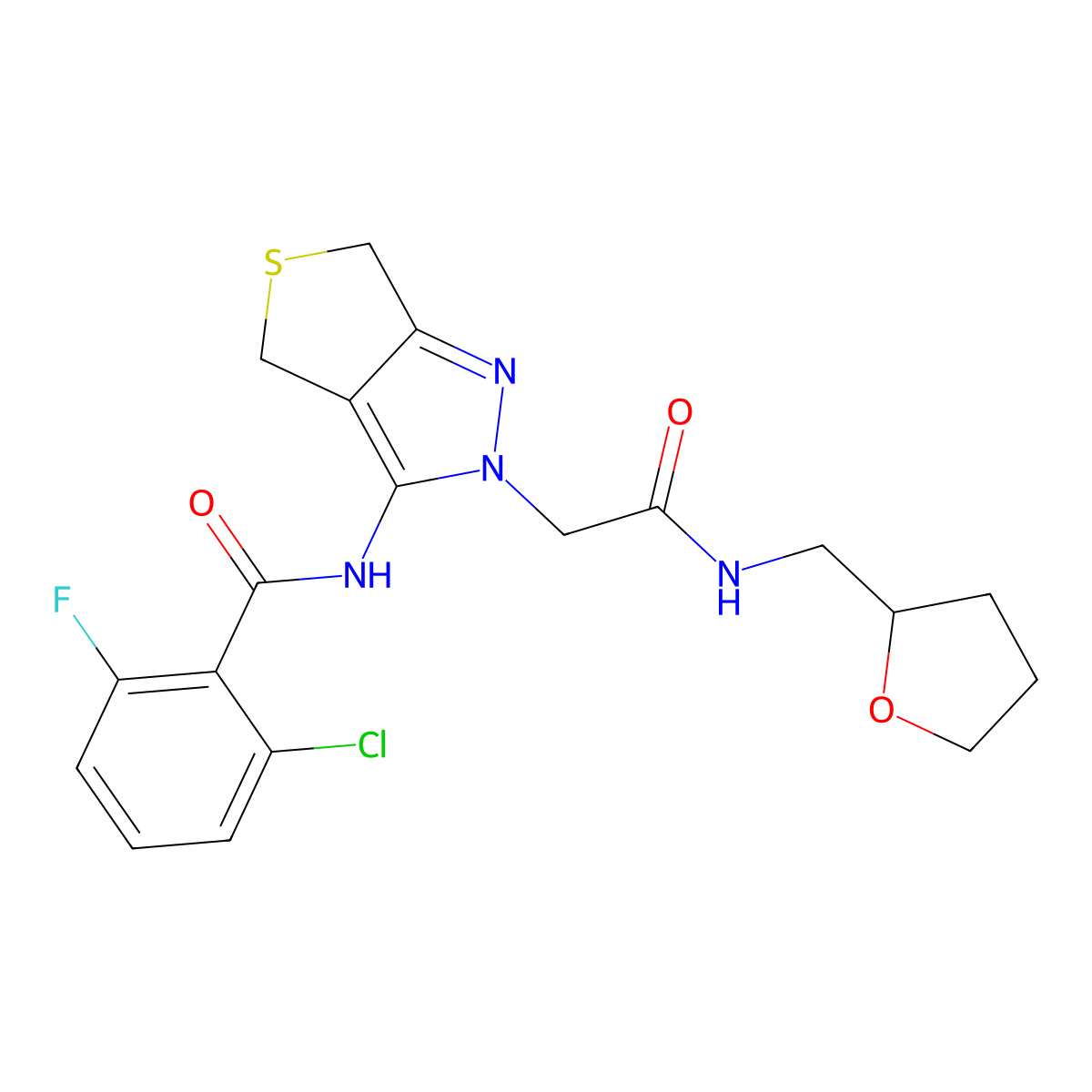 2-chloro-6-fluoro-N-(2-(2-oxo-2-(((tetrahydrofuran-2-yl)methyl)amino)ethyl)-4,6-dihydro-2H-thieno[3,4-c]pyrazol-3-yl)benzamide molecular structure, CAS 1105206-10-7