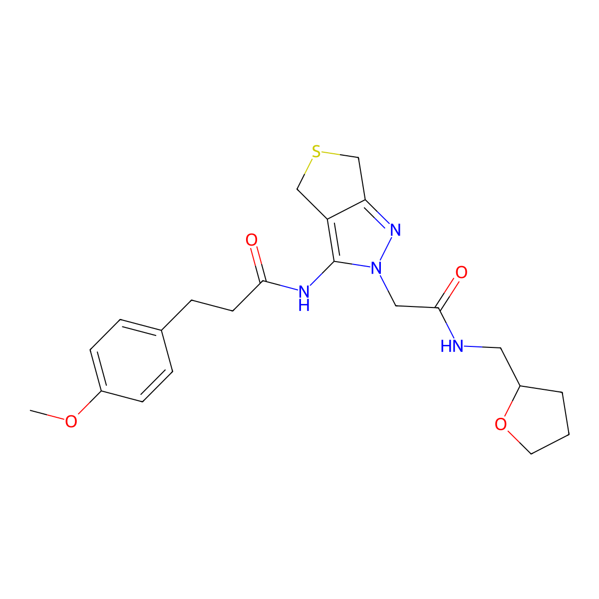 3-(4-methoxyphenyl)-N-(2-(2-oxo-2-(((tetrahydrofuran-2-yl)methyl)amino)ethyl)-4,6-dihydro-2H-thieno[3,4-c]pyrazol-3-yl)propanamide molecular structure, CAS 1105206-29-8