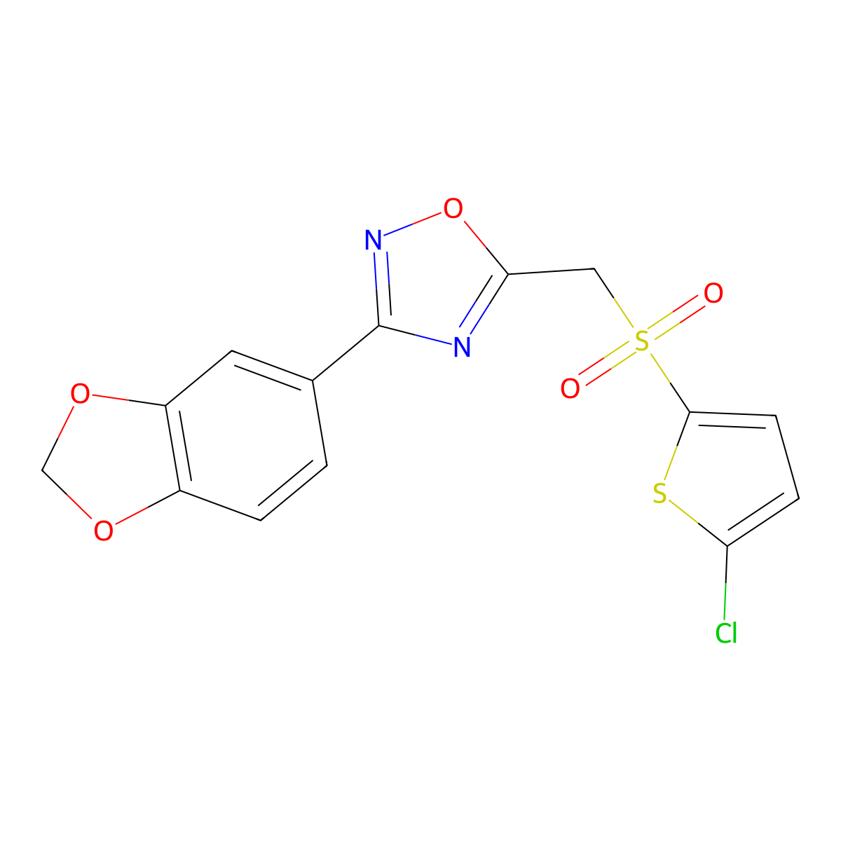 3-(Benzo[d][1,3]dioxol-5-yl)-5-(((5-chlorothiophen-2-yl)sulfonyl)methyl)-1,2,4-oxadiazole molecular structure, CAS 1105206-32-3