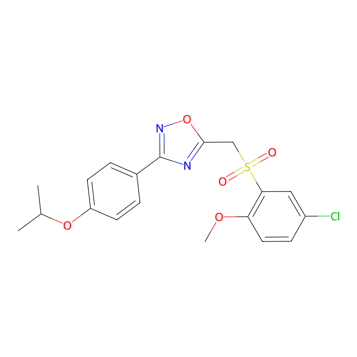 5-(((5-Chloro-2-methoxyphenyl)sulfonyl)methyl)-3-(4-isopropoxyphenyl)-1,2,4-oxadiazole molecular structure, CAS 1105206-62-9