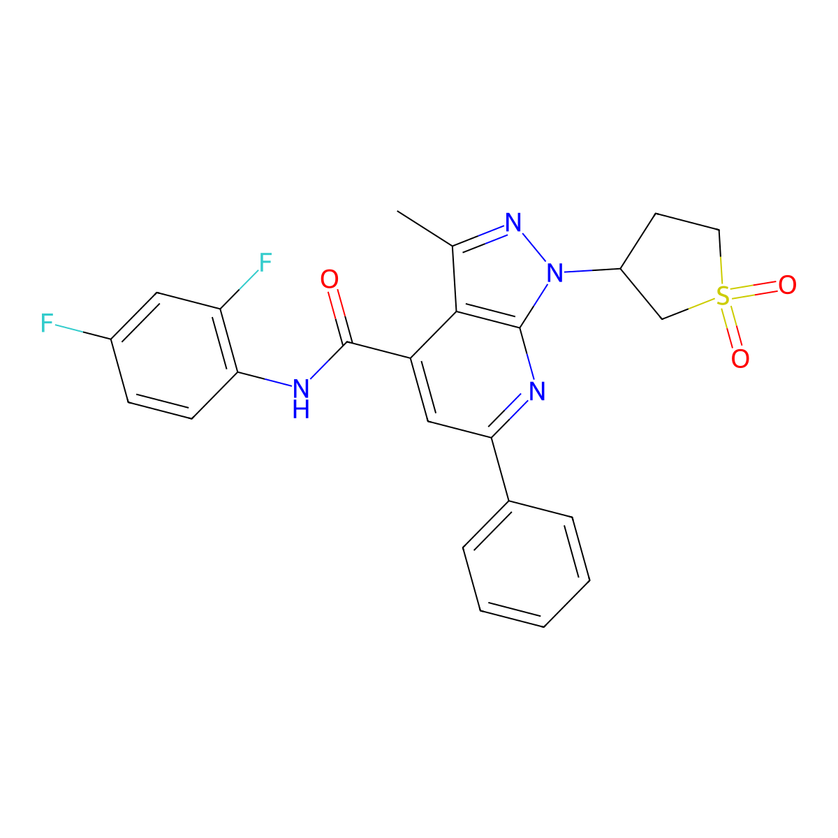 N-(2,4-difluorophenyl)-1-(1,1-dioxidotetrahydrothiophen-3-yl)-3-methyl-6-phenyl-1H-pyrazolo[3,4-b]pyridine-4-carboxamide molecular structure, CAS 1105207-20-2
