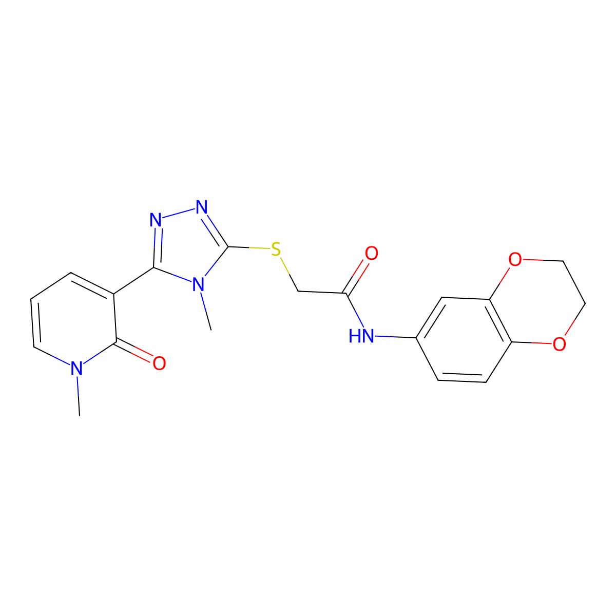 N-(2,3-dihydrobenzo[b][1,4]dioxin-6-yl)-2-((4-methyl-5-(1-methyl-2-oxo-1,2-dihydropyridin-3-yl)-4H-1,2,4-triazol-3-yl)thio)acetamide molecular structure, CAS 1105207-22-4