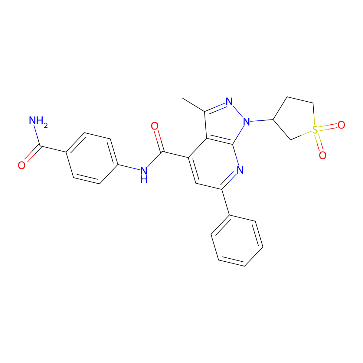 N-(4-carbamoylphenyl)-1-(1,1-dioxidotetrahydrothiophen-3-yl)-3-methyl-6-phenyl-1H-pyrazolo[3,4-b]pyridine-4-carboxamide molecular structure, CAS 1105207-25-7