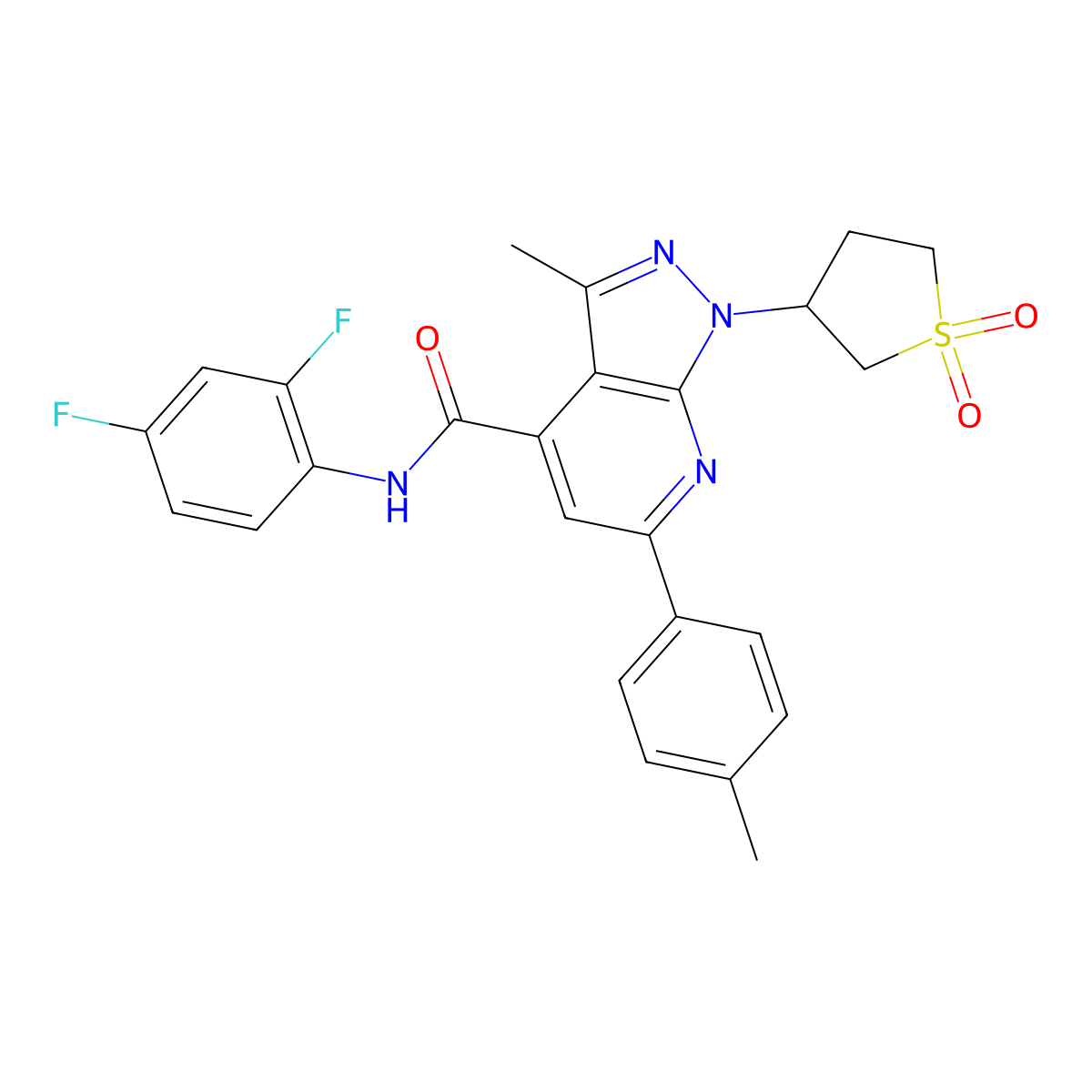 N-(2,4-difluorophenyl)-1-(1,1-dioxidotetrahydrothiophen-3-yl)-3-methyl-6-(p-tolyl)-1H-pyrazolo[3,4-b]pyridine-4-carboxamide molecular structure, CAS 1105207-36-0