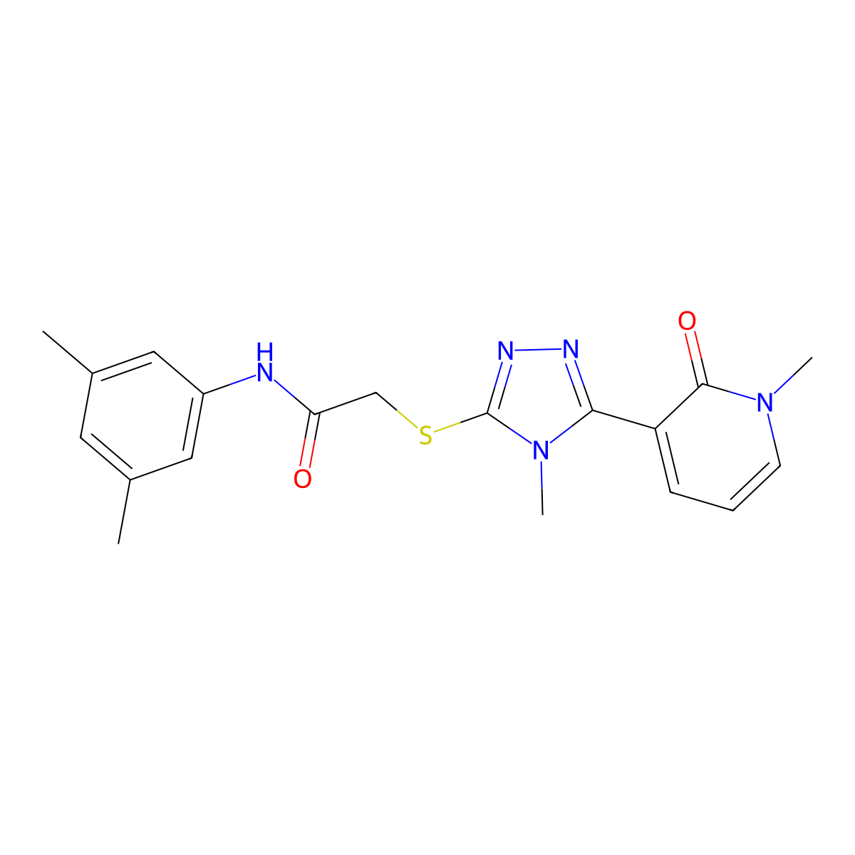 N-(3,5-dimethylphenyl)-2-((4-methyl-5-(1-methyl-2-oxo-1,2-dihydropyridin-3-yl)-4H-1,2,4-triazol-3-yl)thio)acetamide molecular structure, CAS 1105207-39-3