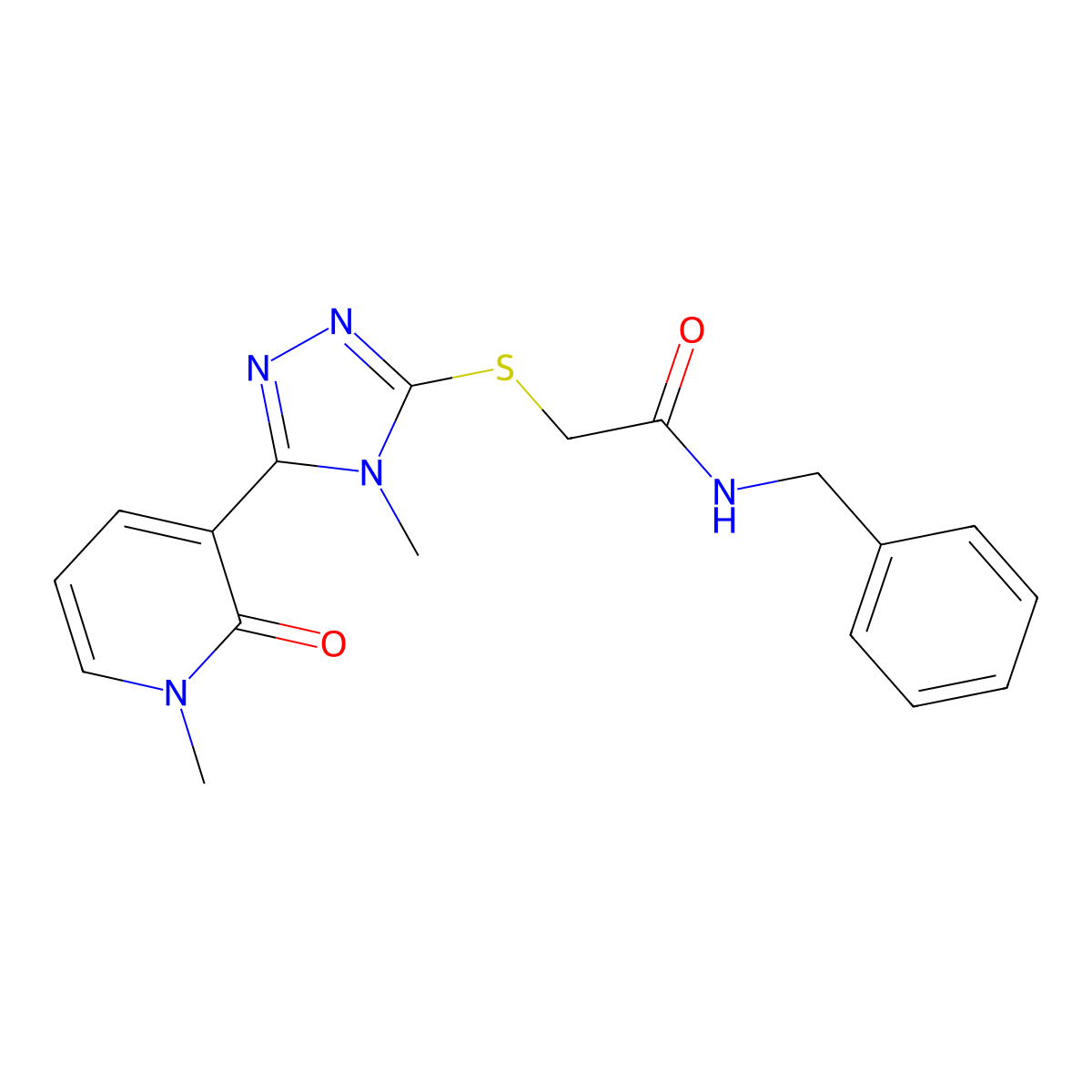 N-benzyl-2-((4-methyl-5-(1-methyl-2-oxo-1,2-dihydropyridin-3-yl)-4H-1,2,4-triazol-3-yl)thio)acetamide molecular structure, CAS 1105207-45-1