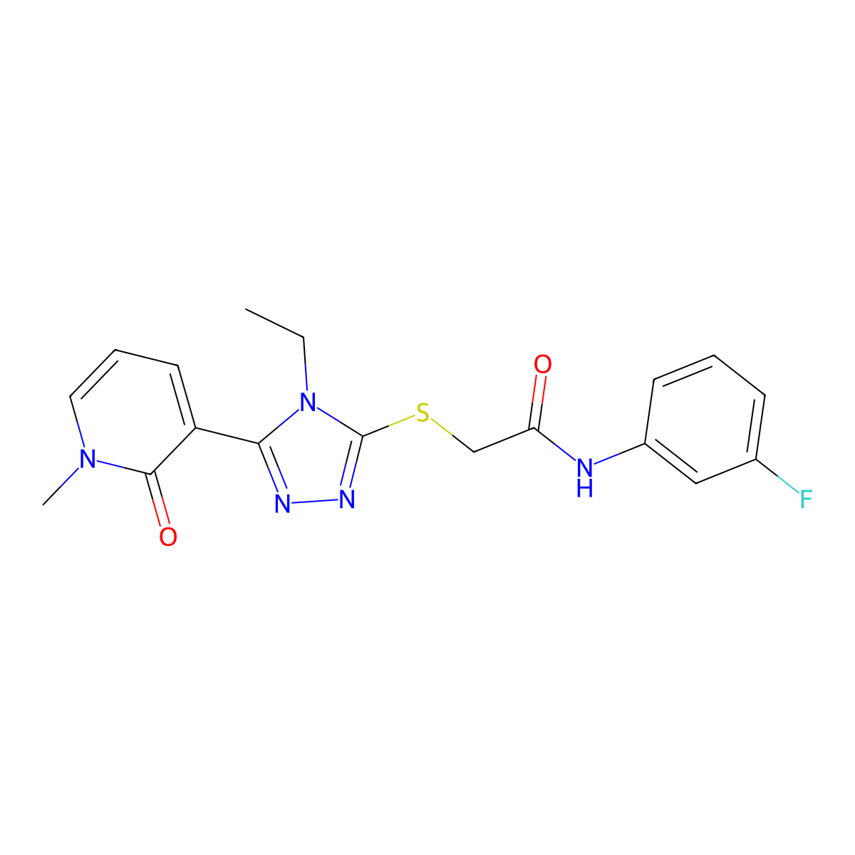 2-((4-ethyl-5-(1-methyl-2-oxo-1,2-dihydropyridin-3-yl)-4H-1,2,4-triazol-3-yl)thio)-N-(3-fluorophenyl)acetamide molecular structure, CAS 1105207-51-9