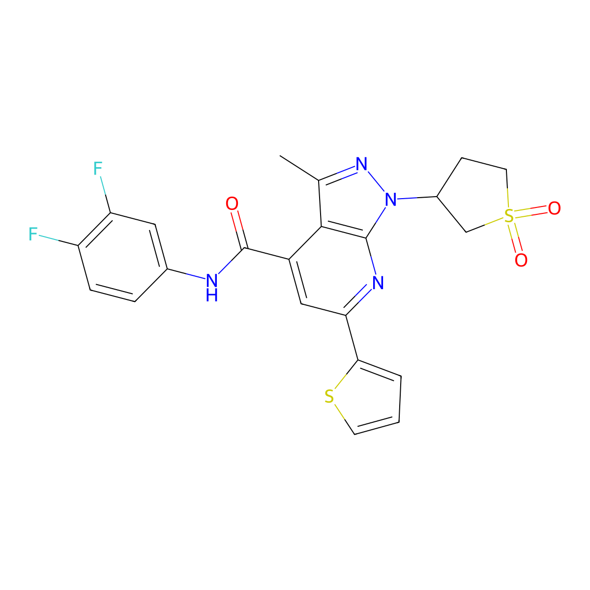 N-(3,4-difluorophenyl)-1-(1,1-dioxidotetrahydrothiophen-3-yl)-3-methyl-6-(thiophen-2-yl)-1H-pyrazolo[3,4-b]pyridine-4-carboxamide molecular structure, CAS 1105207-60-0