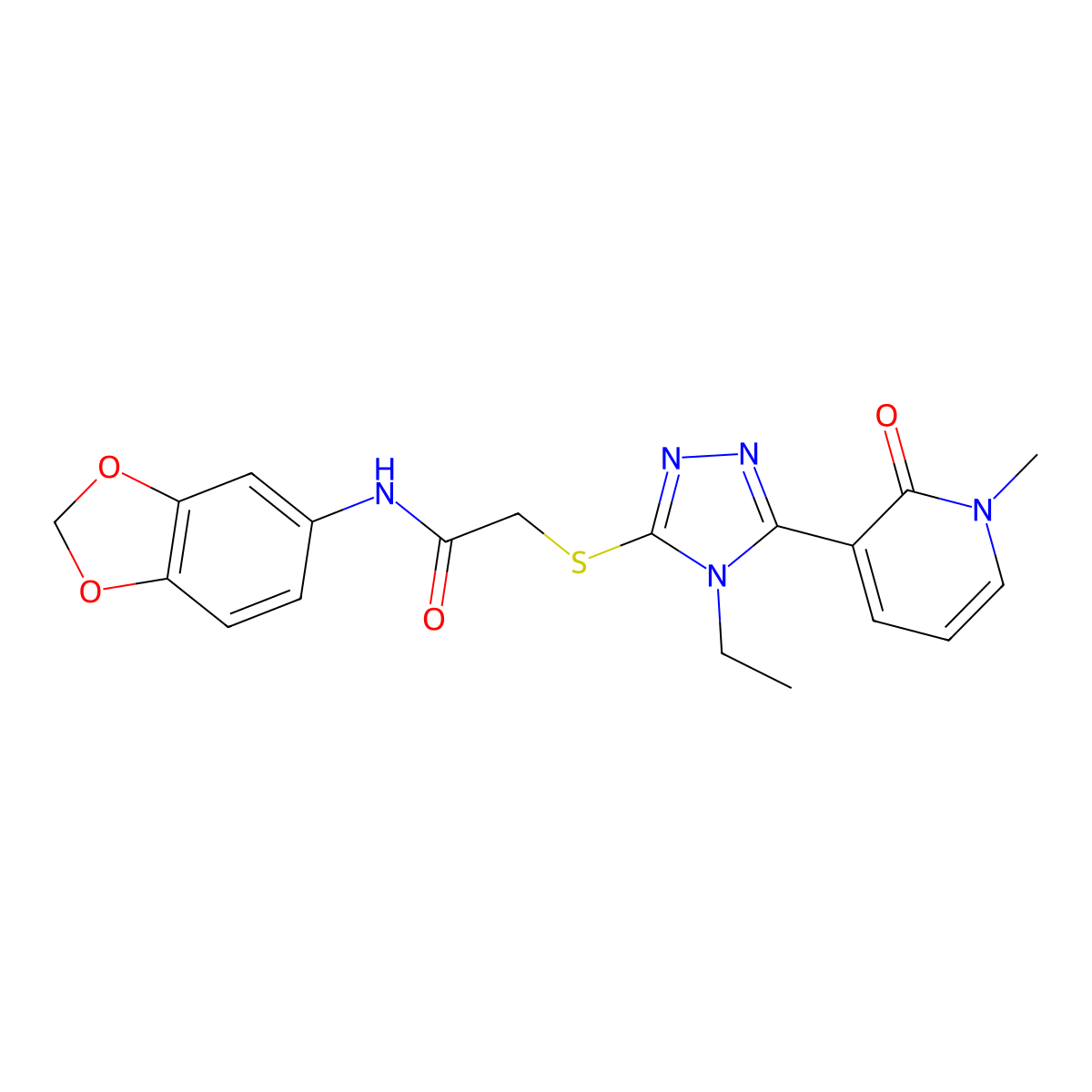 N-(benzo[d][1,3]dioxol-5-yl)-2-((4-ethyl-5-(1-methyl-2-oxo-1,2-dihydropyridin-3-yl)-4H-1,2,4-triazol-3-yl)thio)acetamide molecular structure, CAS 1105207-63-3