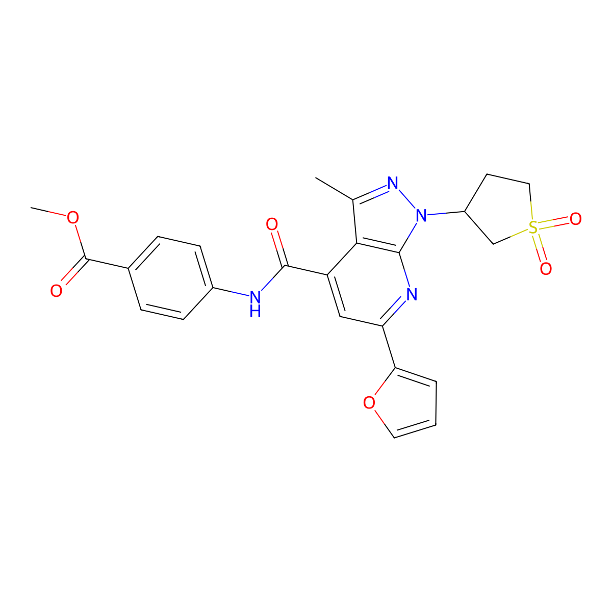 methyl 4-(1-(1,1-dioxidotetrahydrothiophen-3-yl)-6-(furan-2-yl)-3-methyl-1H-pyrazolo[3,4-b]pyridine-4-carboxamido)benzoate molecular structure, CAS 1105207-66-6