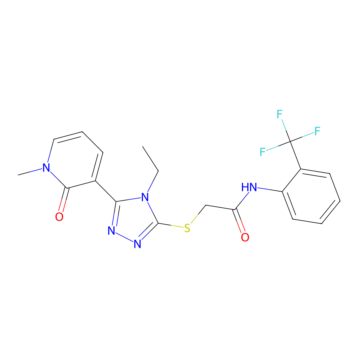 2-((4-ethyl-5-(1-methyl-2-oxo-1,2-dihydropyridin-3-yl)-4H-1,2,4-triazol-3-yl)thio)-N-(2-(trifluoromethyl)phenyl)acetamide molecular structure, CAS 1105207-69-9