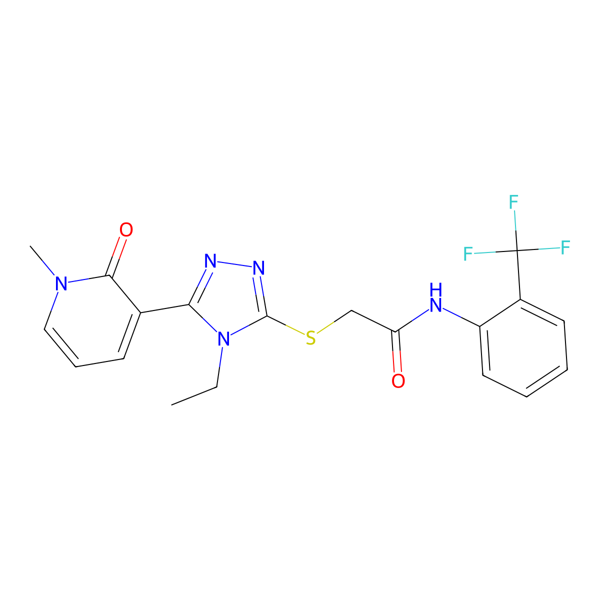 2-((4-ethyl-5-(1-methyl-2-oxo-1,2-dihydropyridin-3-yl)-4H-1,2,4-triazol-3-yl)thio)-N-(2-(trifluoromethyl)phenyl)acetamide molecular structure, CAS 1105207-69-9