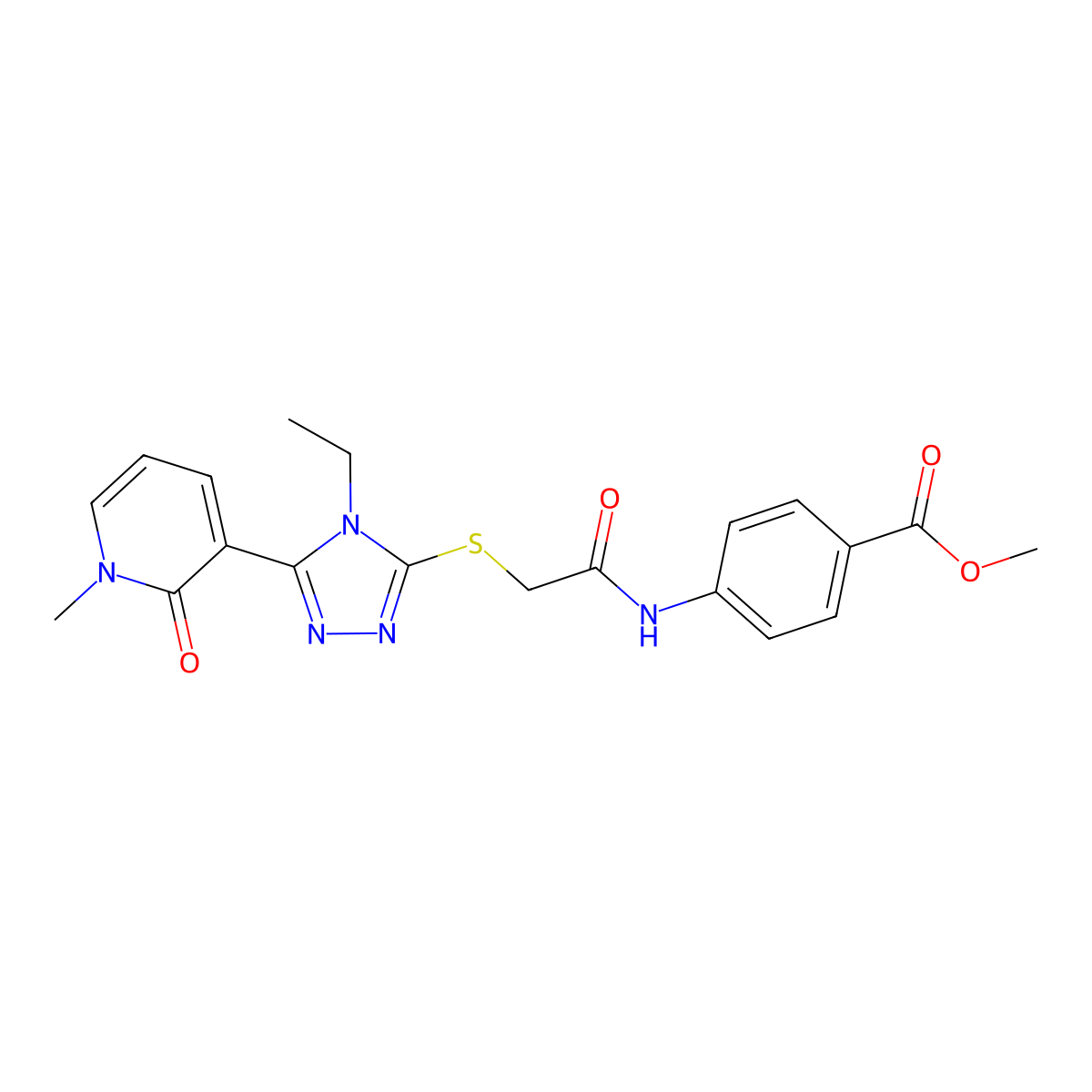 methyl 4-(2-((4-ethyl-5-(1-methyl-2-oxo-1,2-dihydropyridin-3-yl)-4H-1,2,4-triazol-3-yl)thio)acetamido)benzoate molecular structure, CAS 1105207-75-7