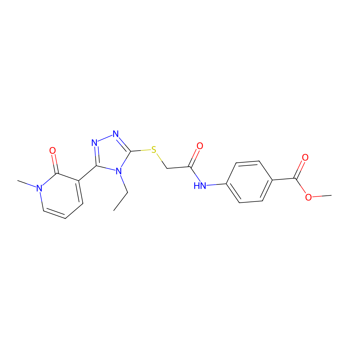 methyl 4-(2-((4-ethyl-5-(1-methyl-2-oxo-1,2-dihydropyridin-3-yl)-4H-1,2,4-triazol-3-yl)thio)acetamido)benzoate molecular structure, CAS 1105207-75-7
