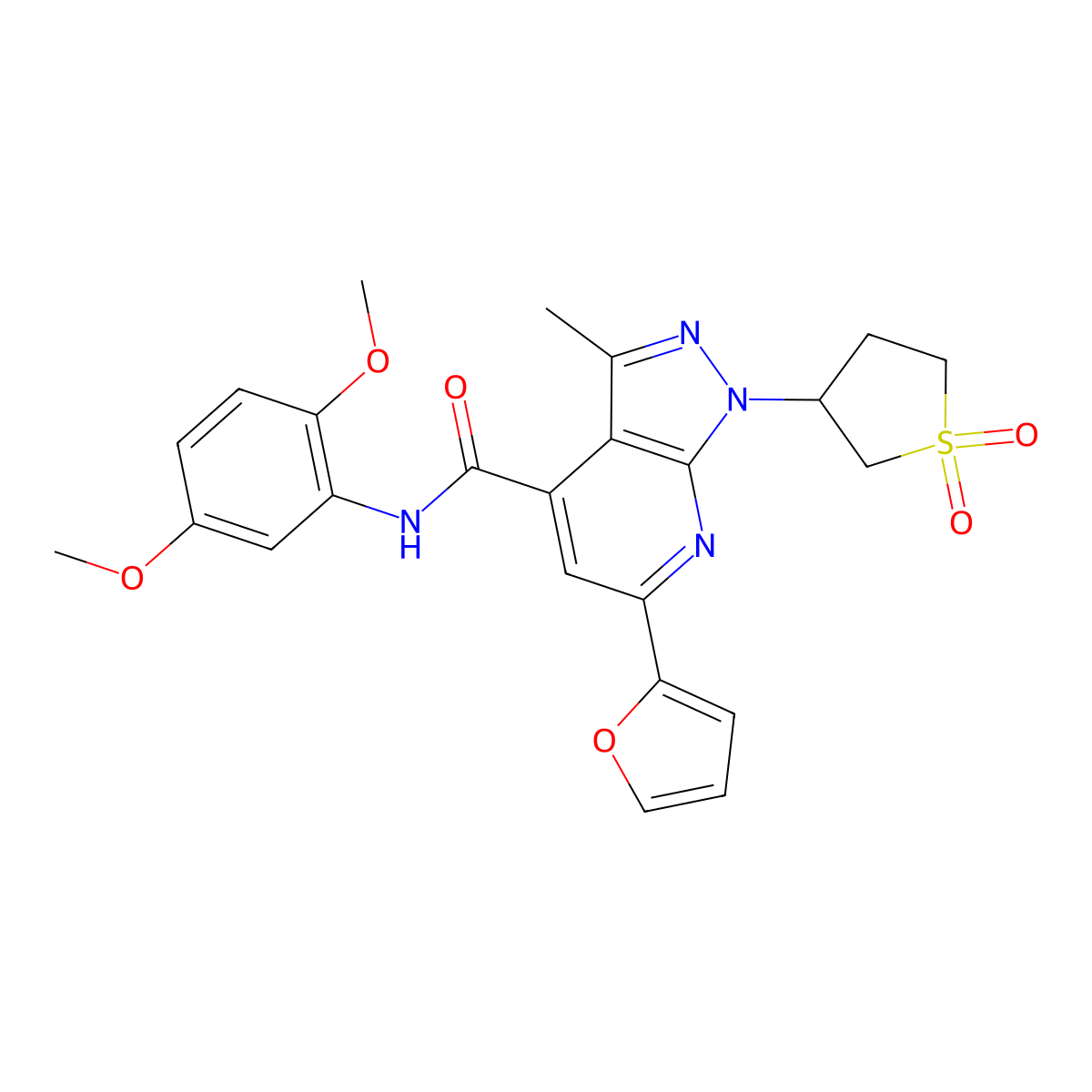 N-(2,5-dimethoxyphenyl)-1-(1,1-dioxidotetrahydrothiophen-3-yl)-6-(furan-2-yl)-3-methyl-1H-pyrazolo[3,4-b]pyridine-4-carboxamide molecular structure, CAS 1105207-78-0