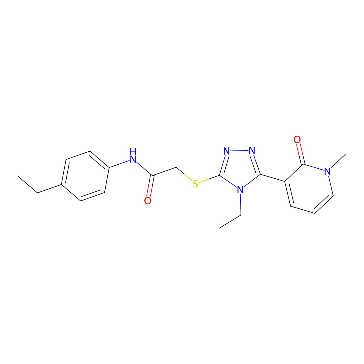 2-((4-ethyl-5-(1-methyl-2-oxo-1,2-dihydropyridin-3-yl)-4H-1,2,4-triazol-3-yl)thio)-N-(4-ethylphenyl)acetamide molecular structure, CAS 1105207-93-9