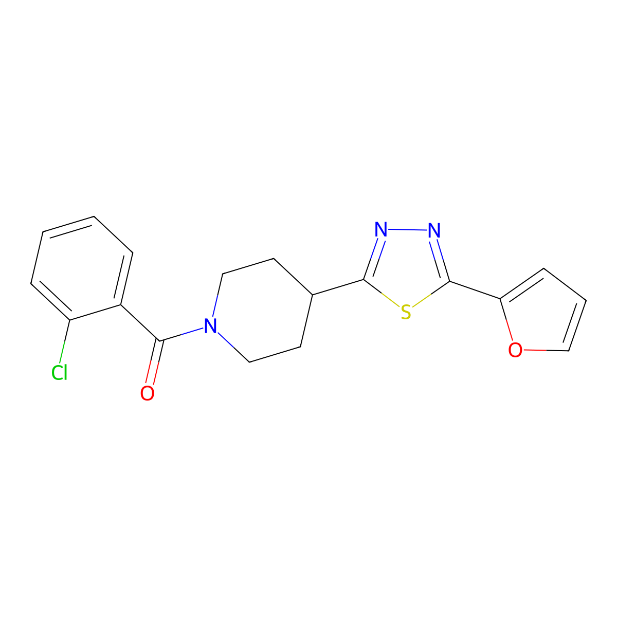(2-Chlorophenyl)(4-(5-(furan-2-yl)-1,3,4-thiadiazol-2-yl)piperidin-1-yl)methanone molecular structure, CAS 1105208-06-7