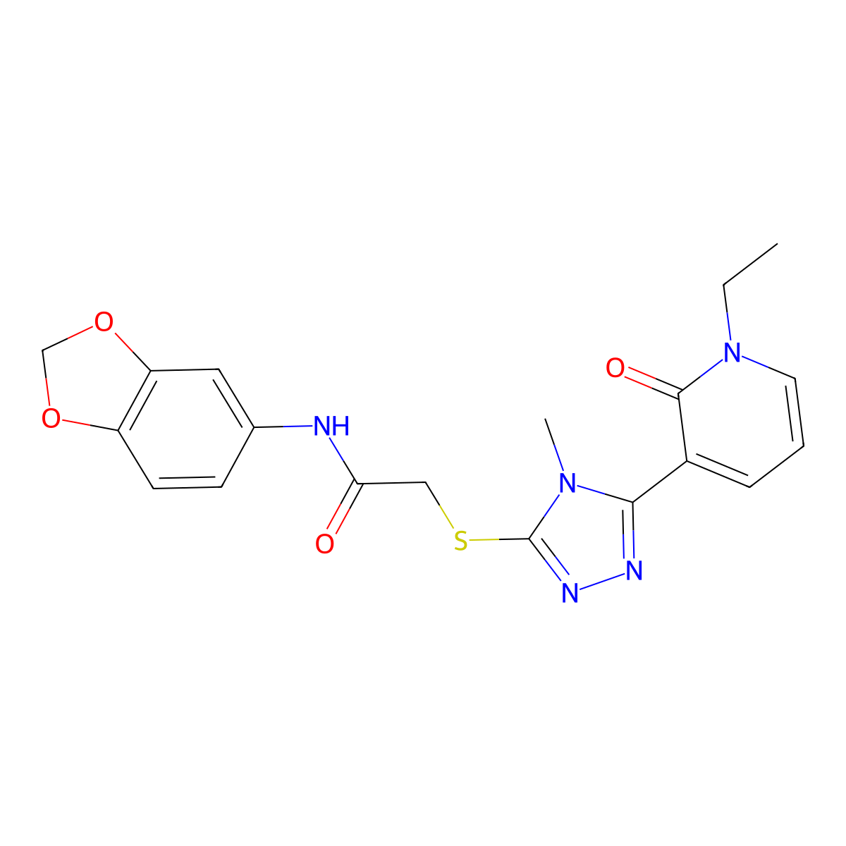 N-(benzo[d][1,3]dioxol-5-yl)-2-((5-(1-ethyl-2-oxo-1,2-dihydropyridin-3-yl)-4-methyl-4H-1,2,4-triazol-3-yl)thio)acetamide molecular structure, CAS 1105208-12-5