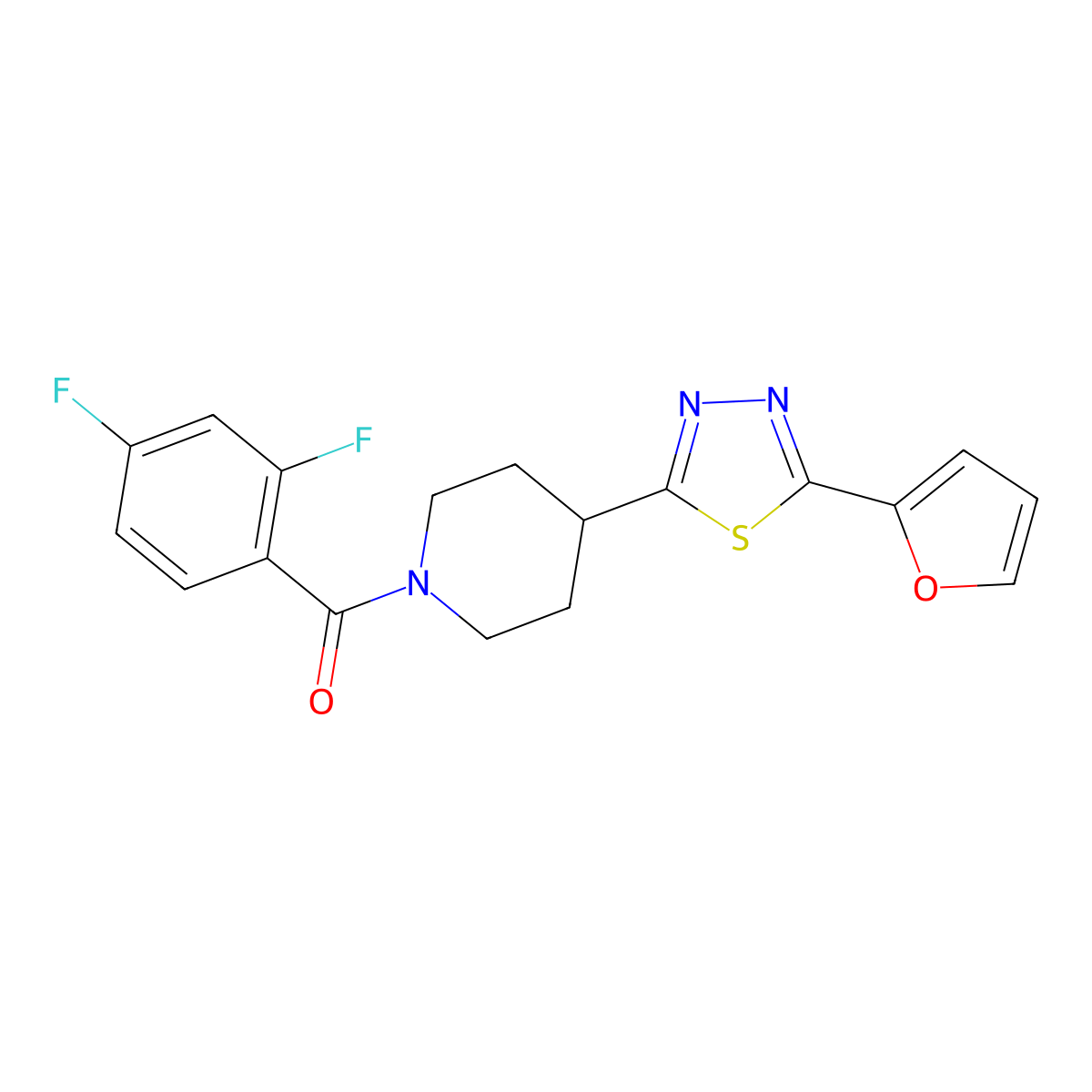 (2,4-Difluorophenyl)(4-(5-(furan-2-yl)-1,3,4-thiadiazol-2-yl)piperidin-1-yl)methanone molecular structure, CAS 1105208-13-6
