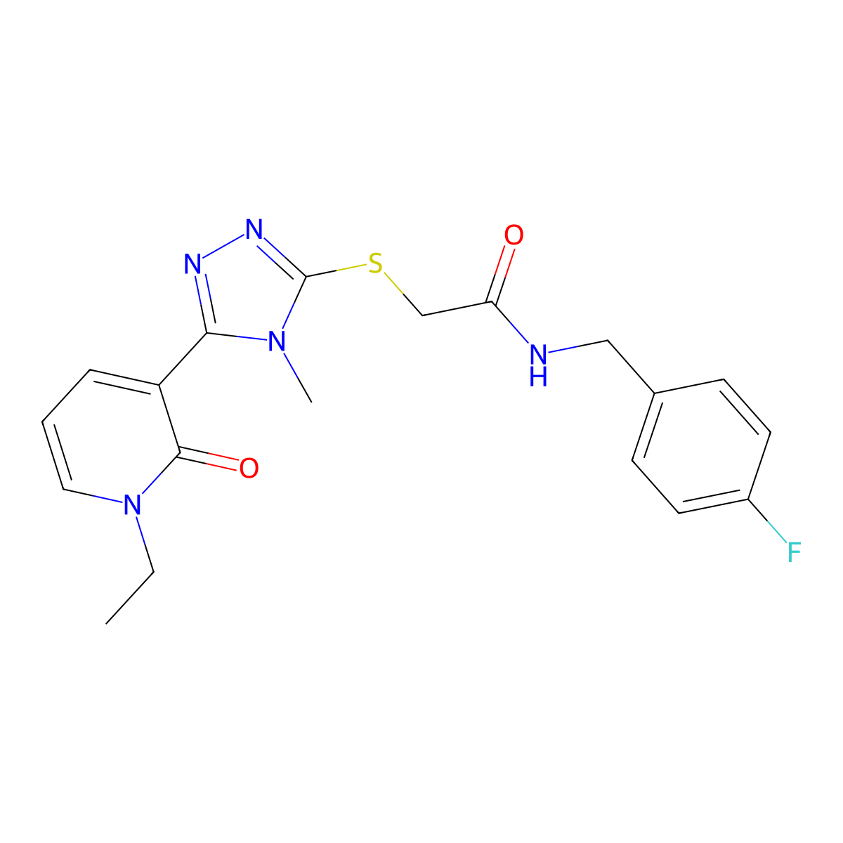 2-{[5-(1-ethyl-2-oxo-1,2-dihydropyridin-3-yl)-4-methyl-4H-1,2,4-triazol-3-yl]sulfanyl}-N-[(4-fluorophenyl)methyl]acetamide molecular structure, CAS 1105208-19-2