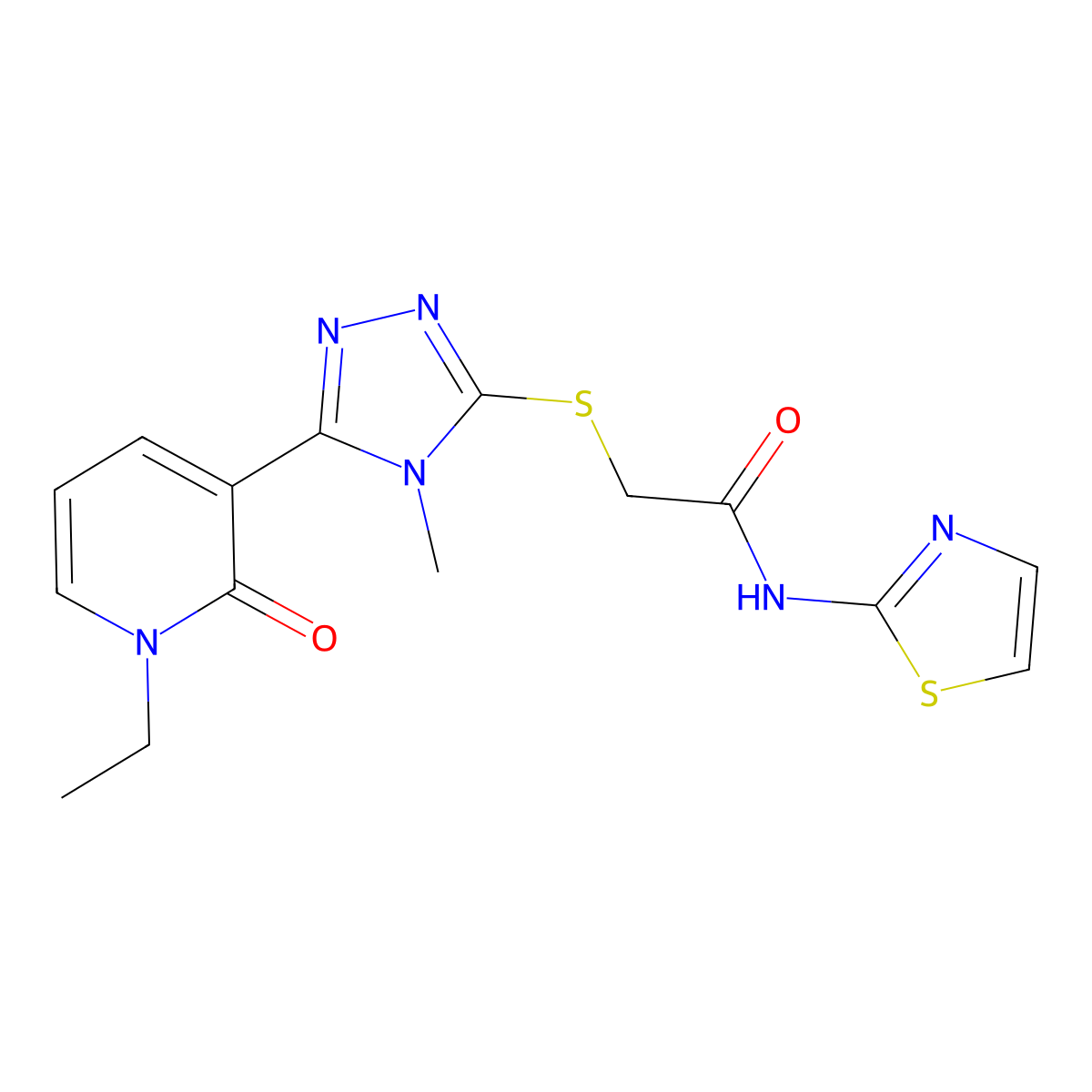 2-{[5-(1-ethyl-2-oxo-1,2-dihydropyridin-3-yl)-4-methyl-4H-1,2,4-triazol-3-yl]sulfanyl}-N-(1,3-thiazol-2-yl)acetamide molecular structure, CAS 1105208-33-0