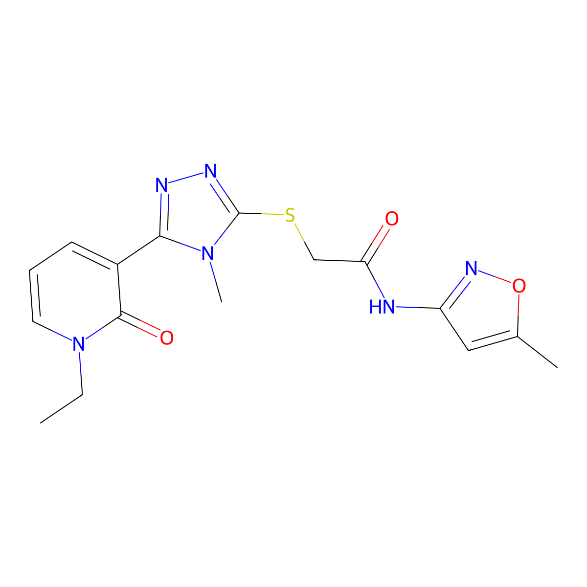 2-((5-(1-ethyl-2-oxo-1,2-dihydropyridin-3-yl)-4-methyl-4H-1,2,4-triazol-3-yl)thio)-N-(5-methylisoxazol-3-yl)acetamide molecular structure, CAS 1105208-40-9