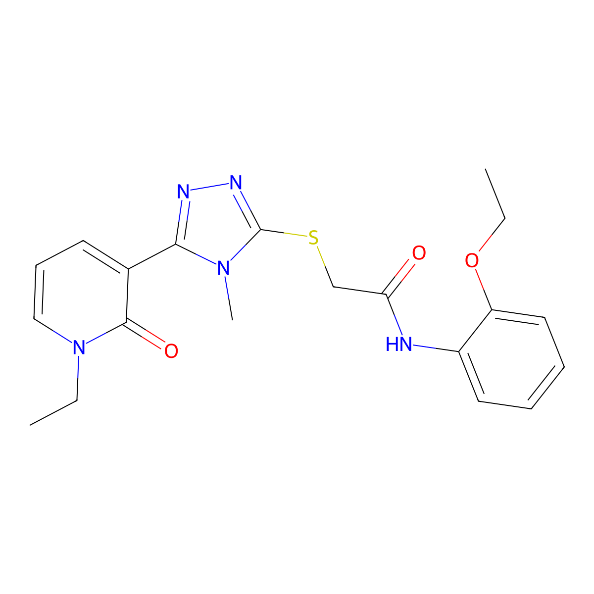 N-(2-ethoxyphenyl)-2-((5-(1-ethyl-2-oxo-1,2-dihydropyridin-3-yl)-4-methyl-4H-1,2,4-triazol-3-yl)thio)acetamide molecular structure, CAS 1105208-63-6