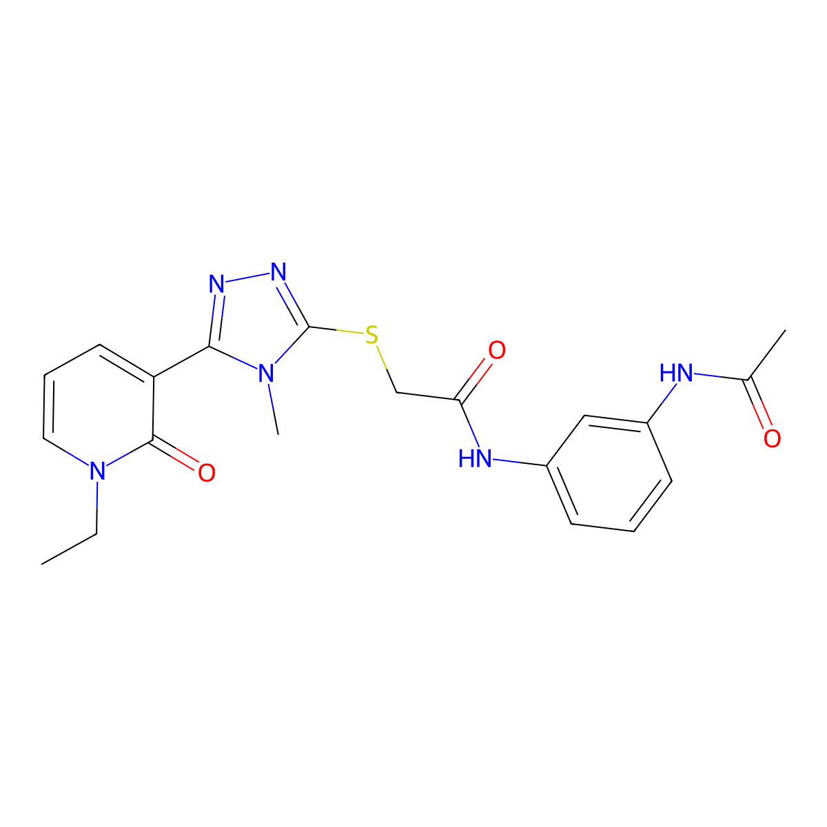 N-(3-acetamidophenyl)-2-((5-(1-ethyl-2-oxo-1,2-dihydropyridin-3-yl)-4-methyl-4H-1,2,4-triazol-3-yl)thio)acetamide molecular structure, CAS 1105208-71-6