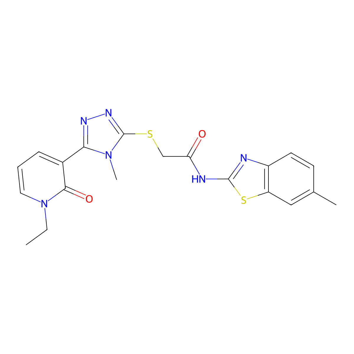 2-((5-(1-ethyl-2-oxo-1,2-dihydropyridin-3-yl)-4-methyl-4H-1,2,4-triazol-3-yl)thio)-N-(6-methylbenzo[d]thiazol-2-yl)acetamide molecular structure, CAS 1105208-79-4