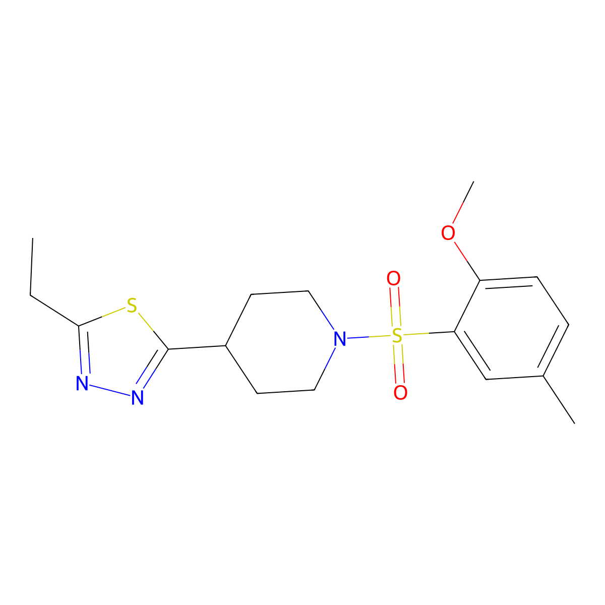 2-Ethyl-5-(1-((2-methoxy-5-methylphenyl)sulfonyl)piperidin-4-yl)-1,3,4-thiadiazole molecular structure, CAS 1105208-80-7
