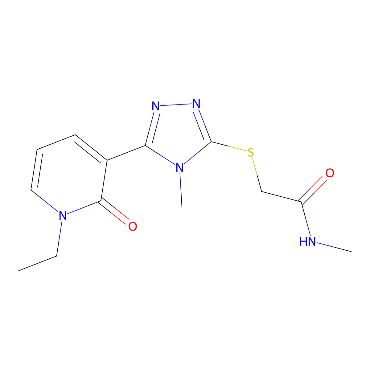 2-((5-(1-ethyl-2-oxo-1,2-dihydropyridin-3-yl)-4-methyl-4H-1,2,4-triazol-3-yl)thio)-N-methylacetamide molecular structure, CAS 1105208-94-3