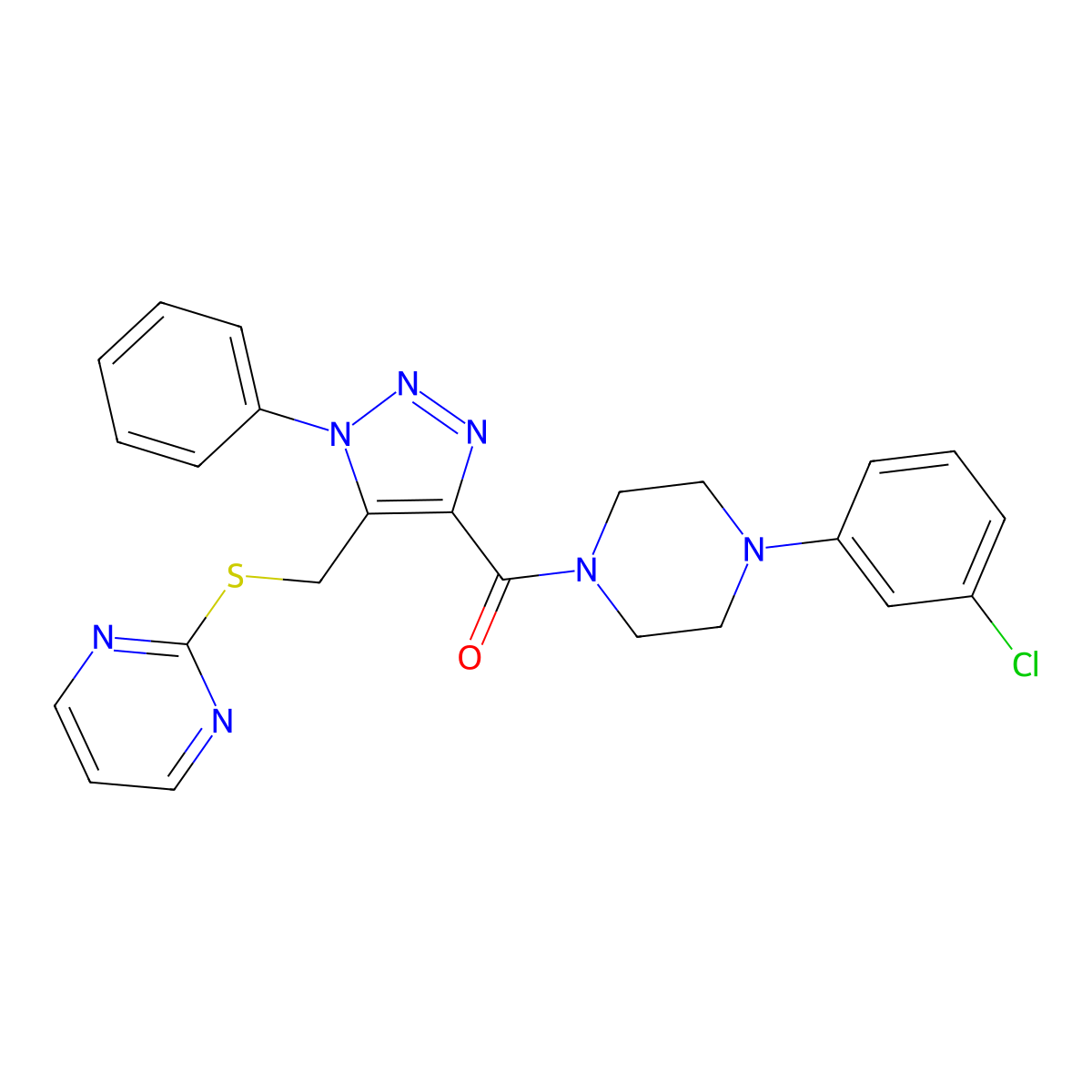 (4-(3-chlorophenyl)piperazin-1-yl)(1-phenyl-5-((pyrimidin-2-ylthio)methyl)-1H-1,2,3-triazol-4-yl)methanone molecular structure, CAS 1105209-00-4