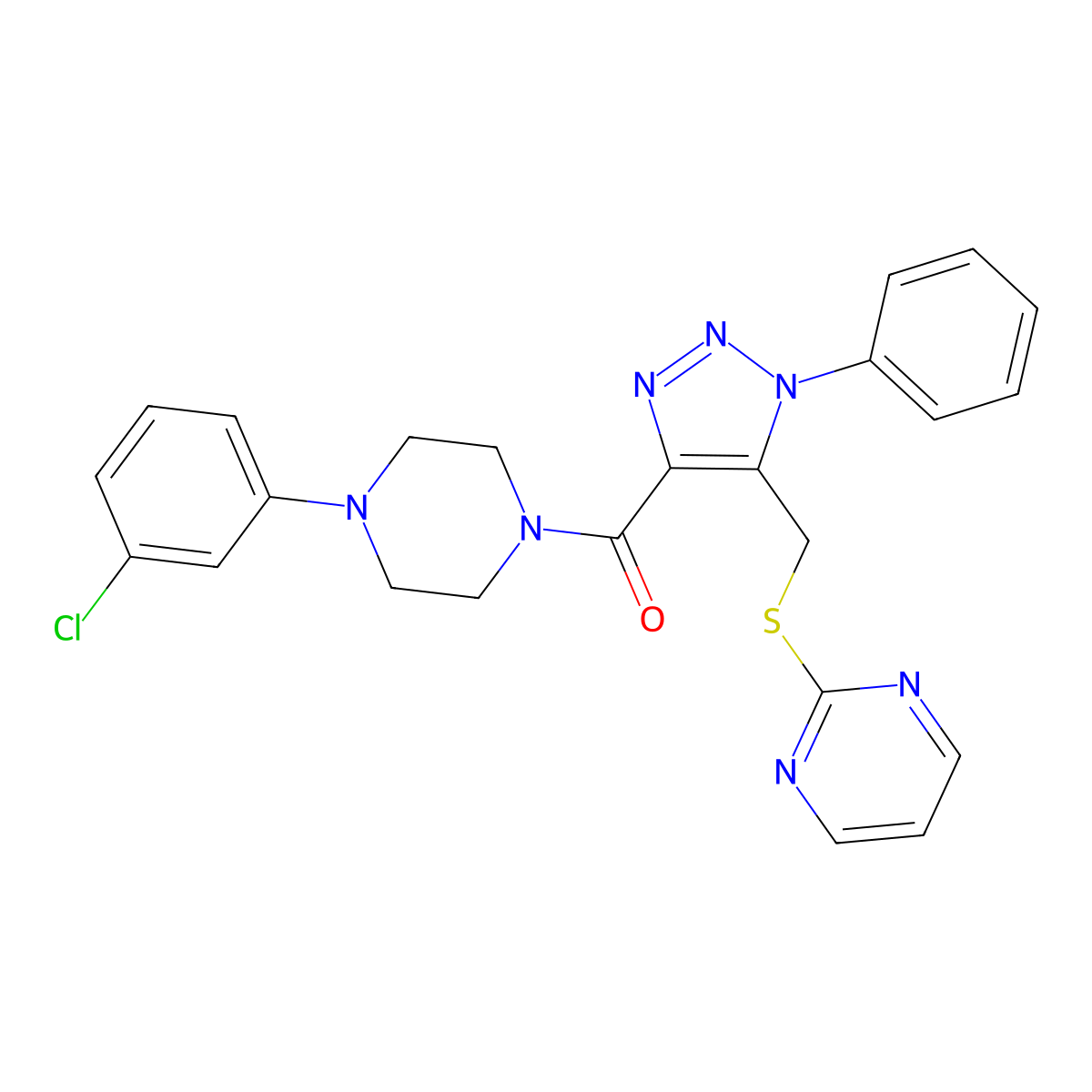 (4-(3-chlorophenyl)piperazin-1-yl)(1-phenyl-5-((pyrimidin-2-ylthio)methyl)-1H-1,2,3-triazol-4-yl)methanone molecular structure, CAS 1105209-00-4
