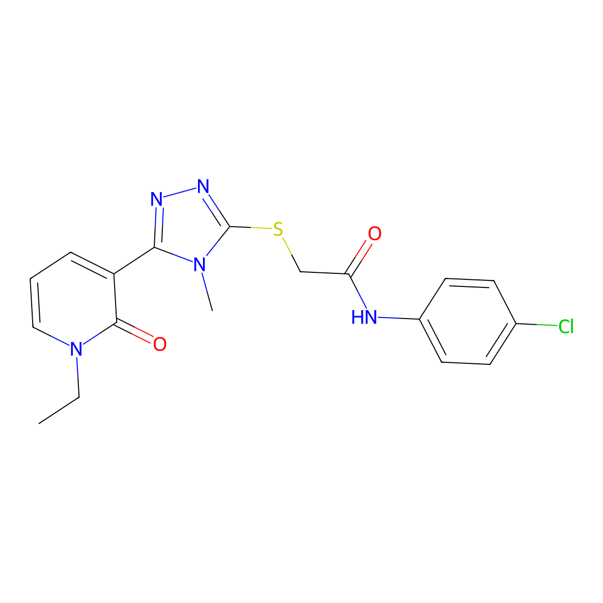 N-(4-chlorophenyl)-2-((5-(1-ethyl-2-oxo-1,2-dihydropyridin-3-yl)-4-methyl-4H-1,2,4-triazol-3-yl)thio)acetamide molecular structure, CAS 1105209-02-6